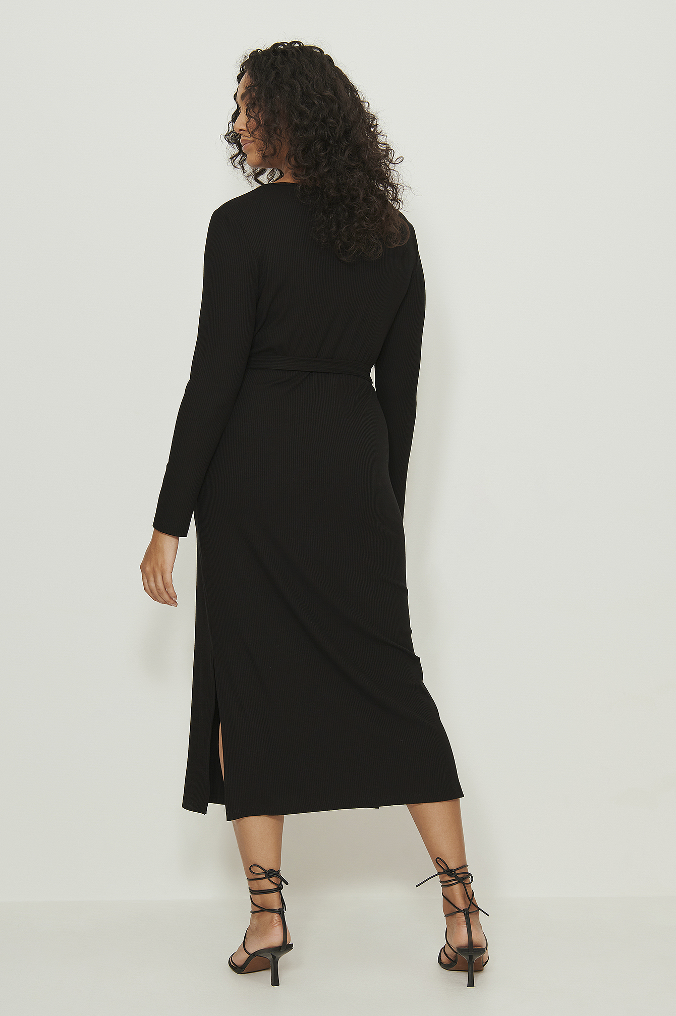 Black Recycled Ribbed Belted Dress