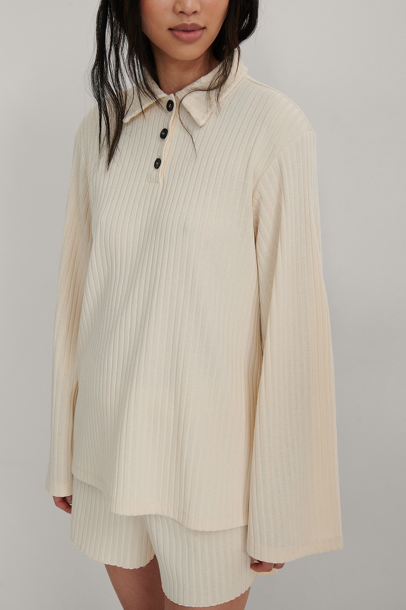 Beige Ribbed Collar Detail Top