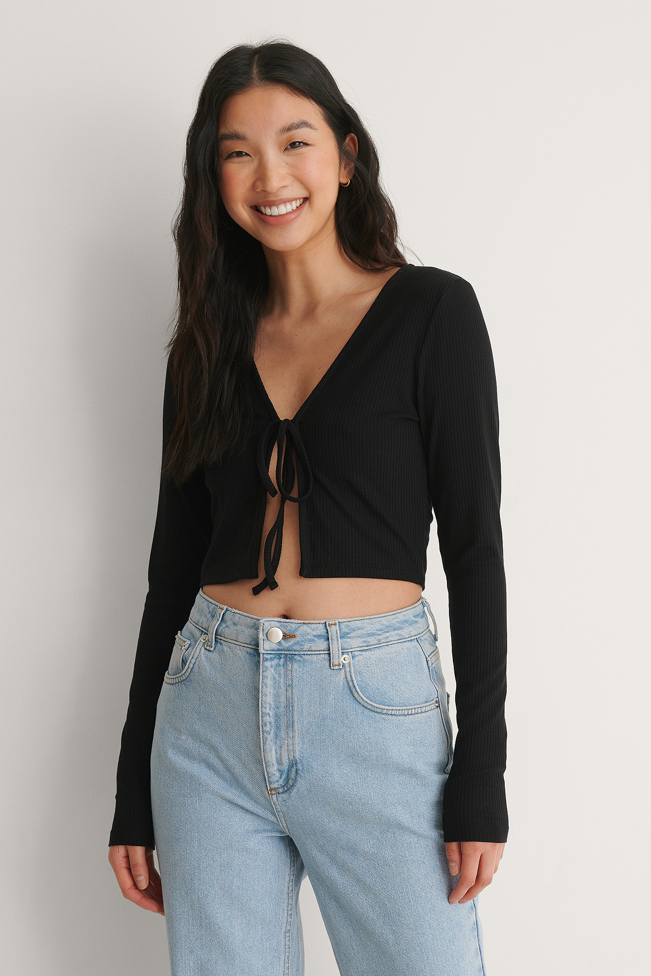 Black Ribbed Front Knot Detail Top