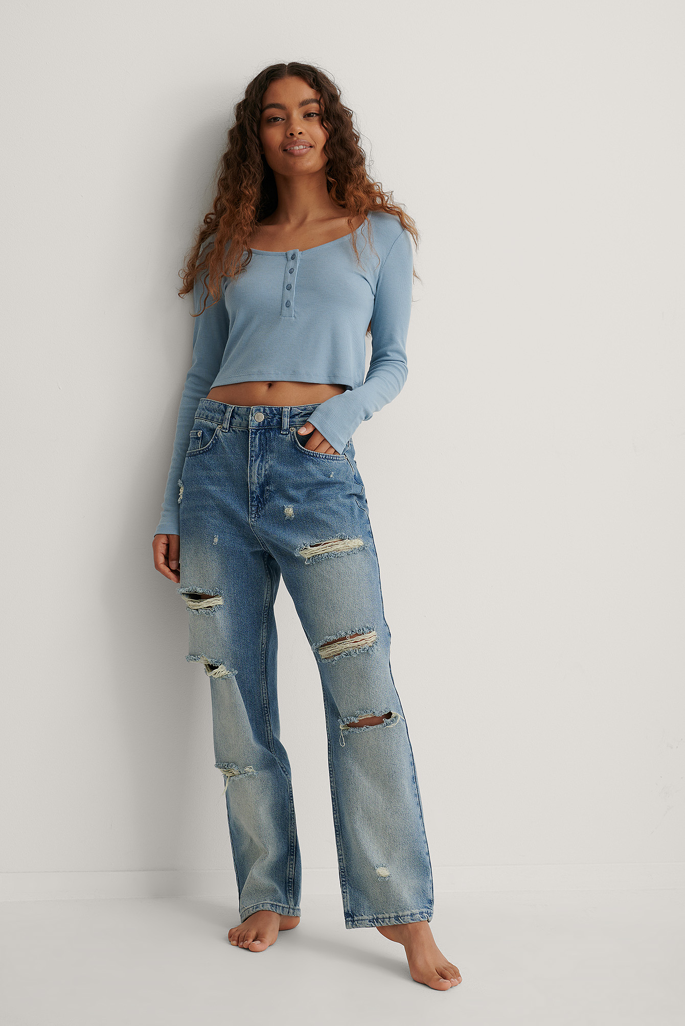 Dusty Blue Ribbed Henley Crop Top