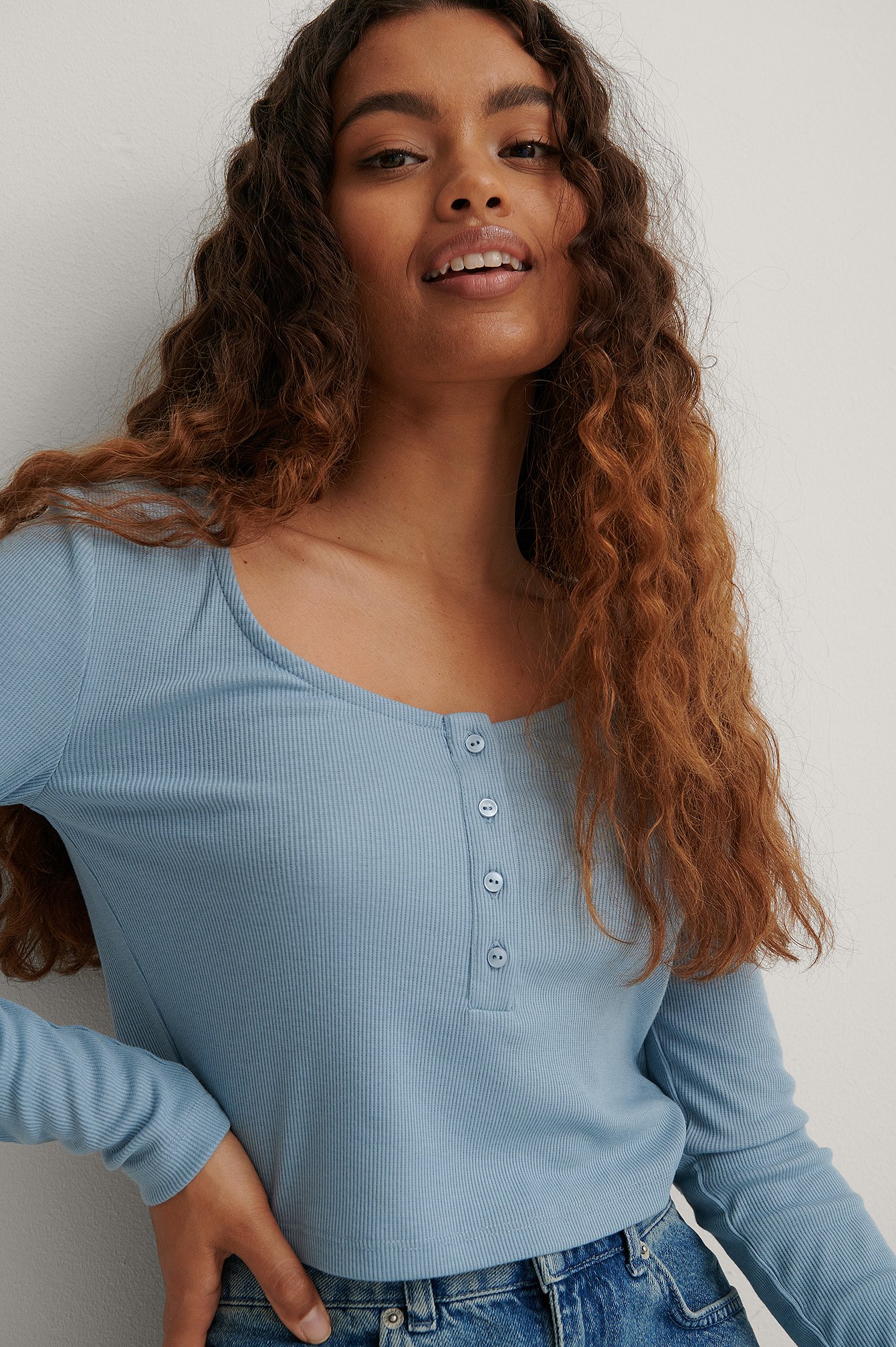 Dusty Blue Ribbed Henley Crop Top