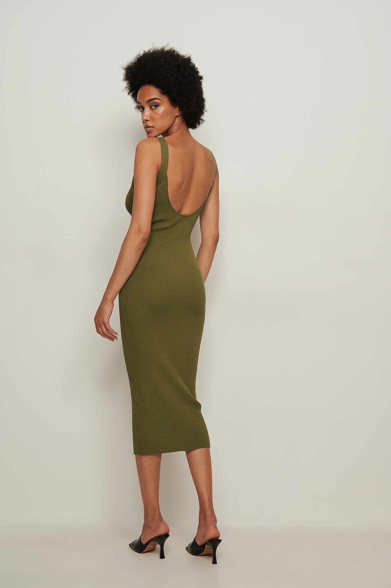 Olive Ribbed Knitted Bodycon Midi Dress