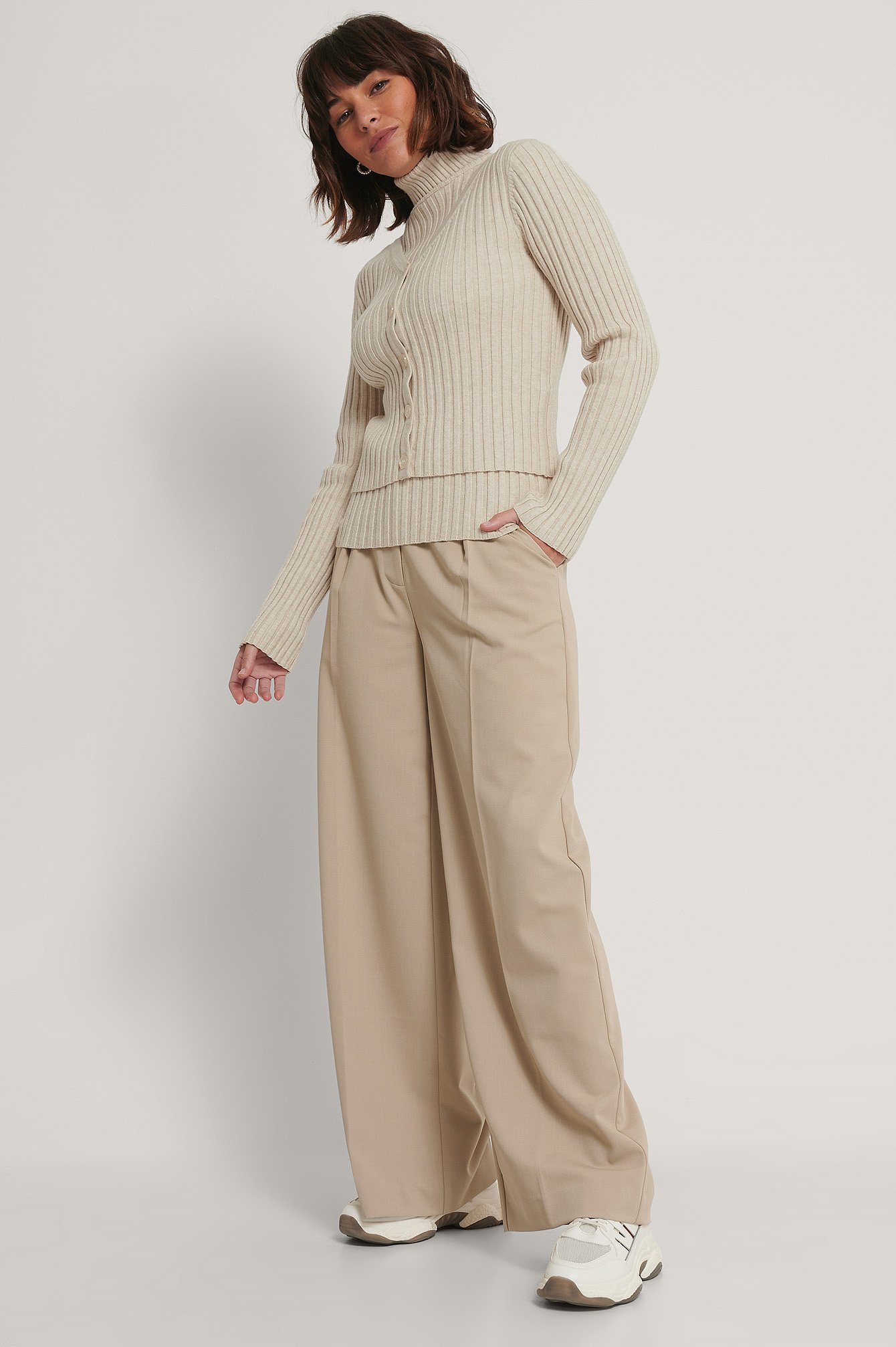 Light Beige Ribbed Knitted Cardigan