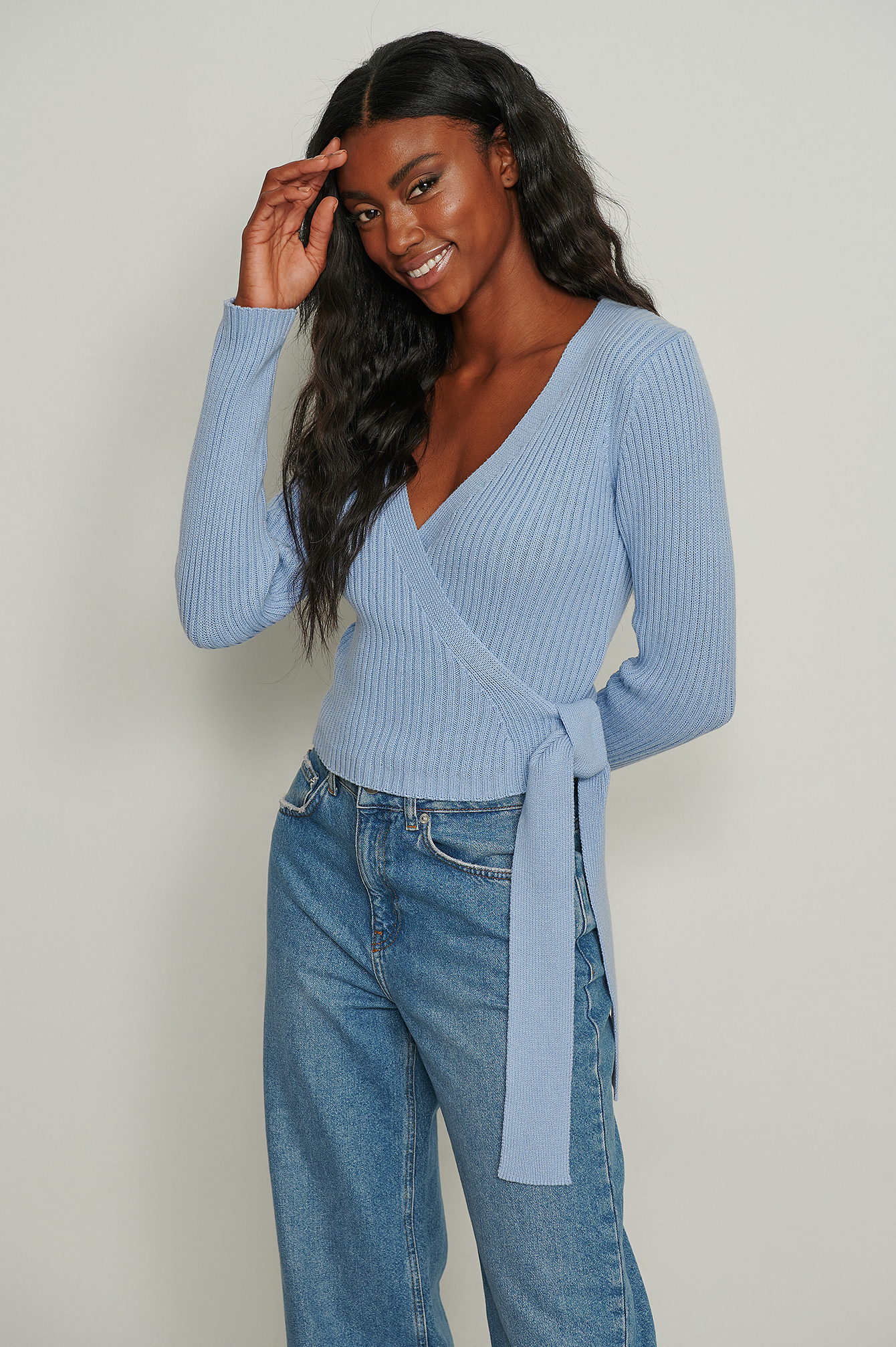 Dusty Blue Ribbed Knitted Overlap Sweater