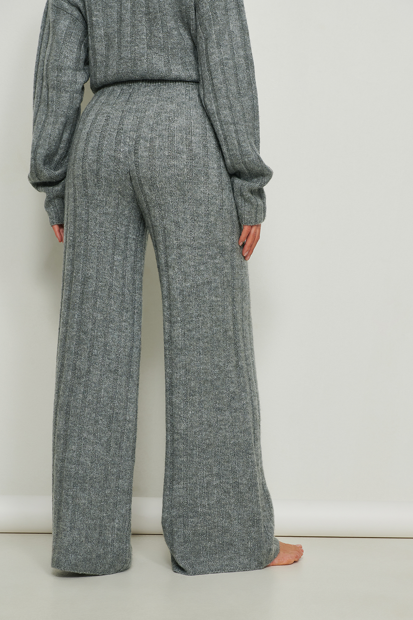 Grey Melange Ribbed Knitted Wide Pants