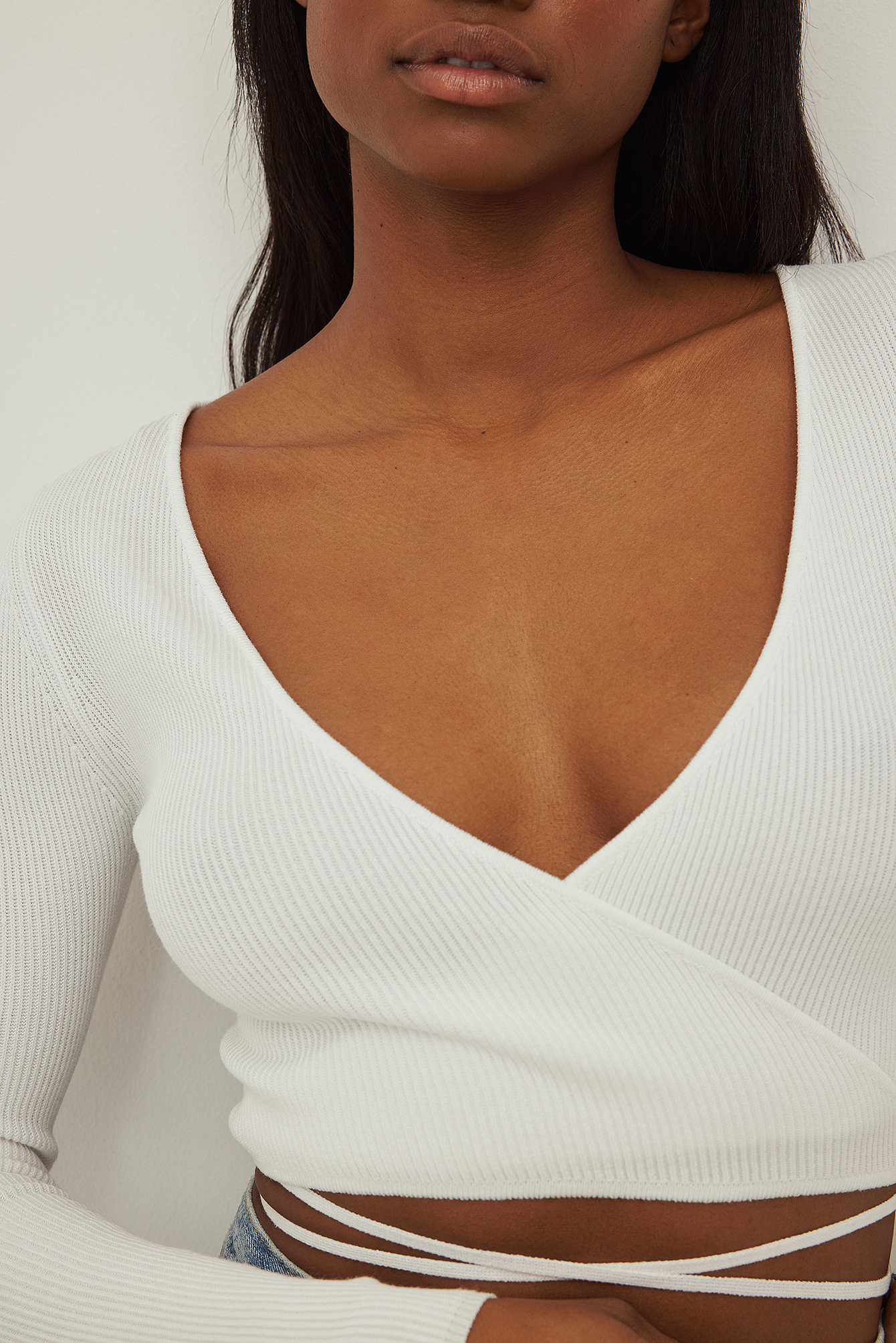 White Ribbed Knitted Wrap Sweater