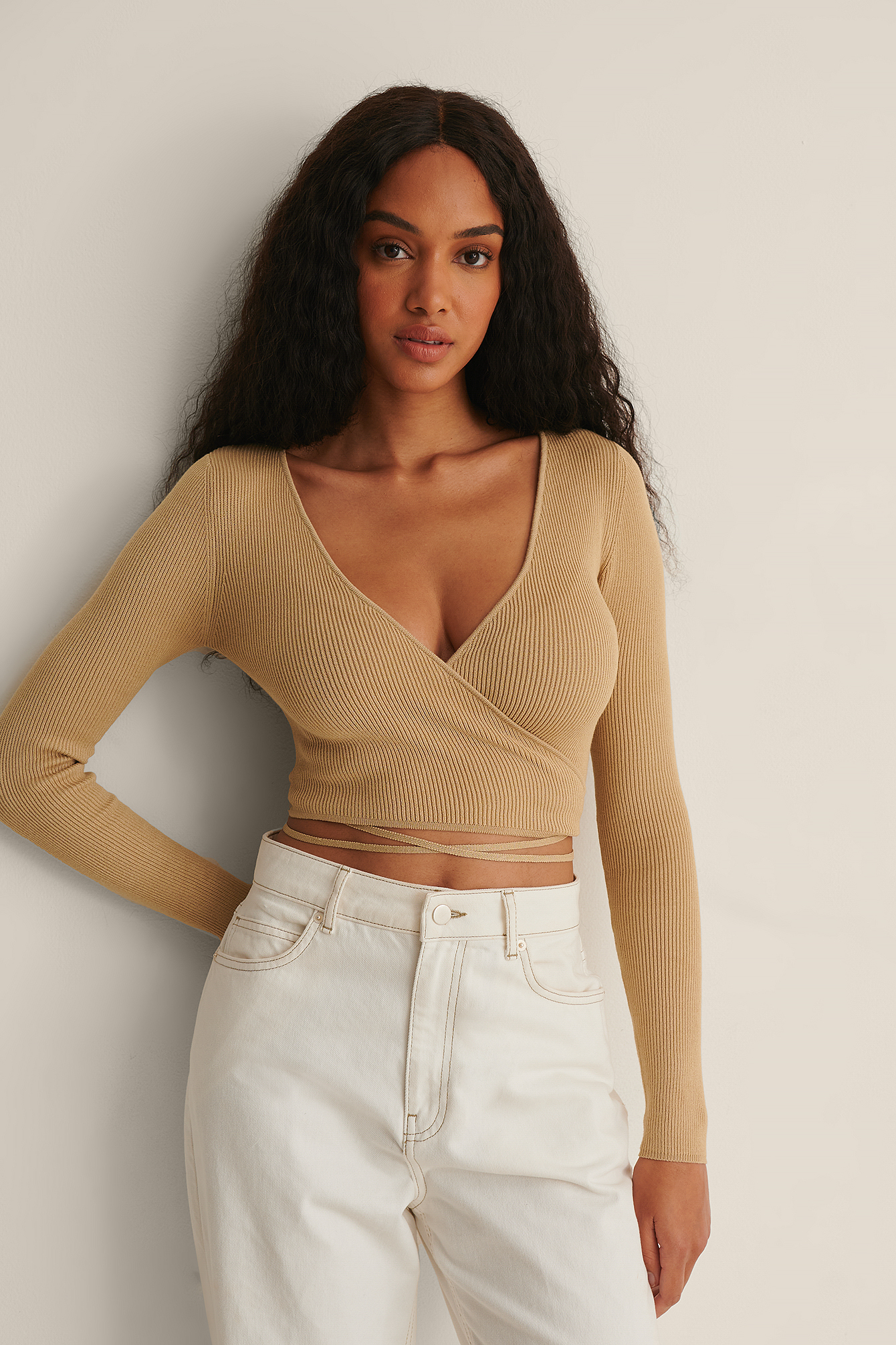 Light Beige Ribbed Knitted Wrap Sweater