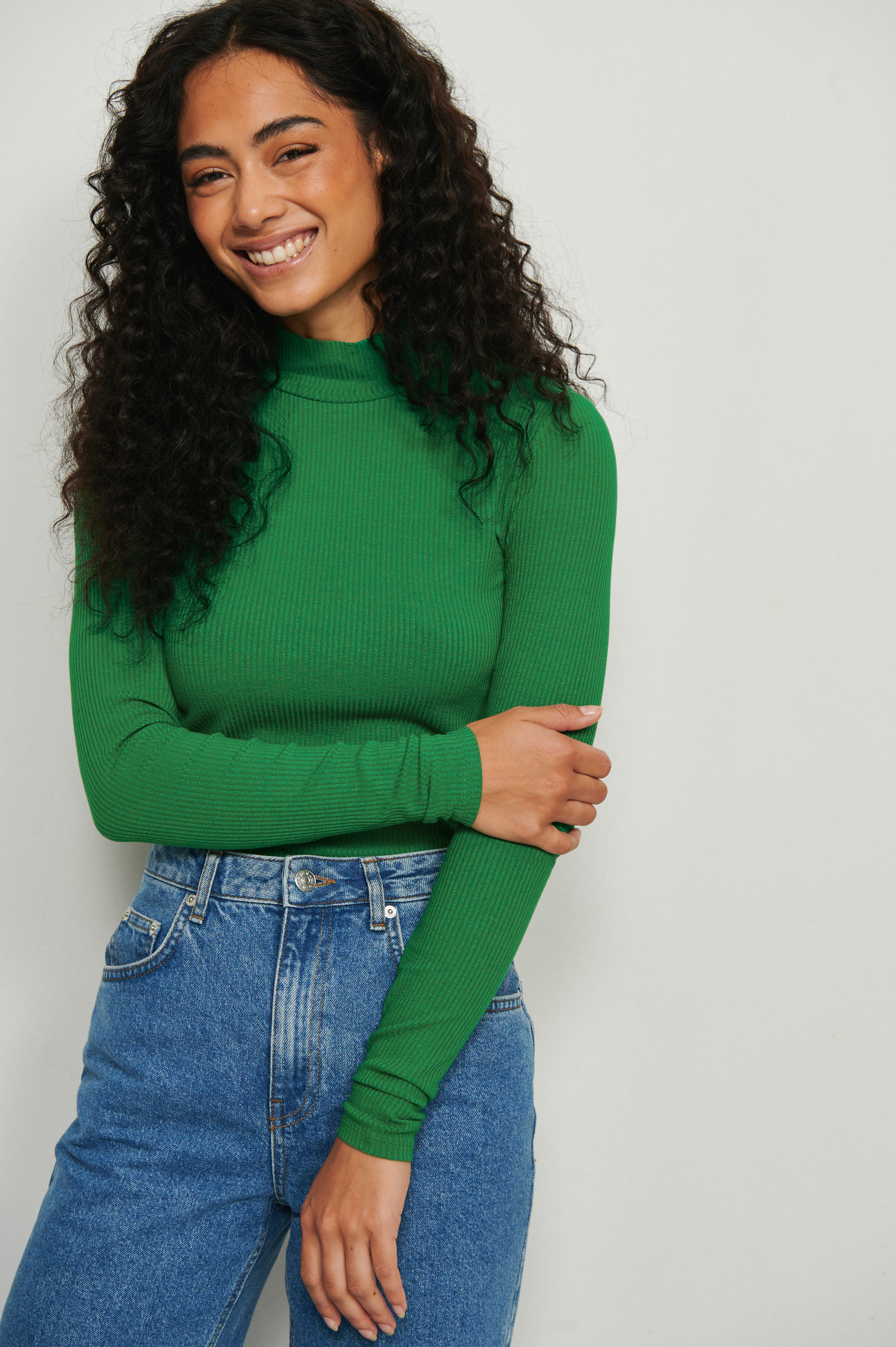 Green Ribbed Long Sleeved Turtle Neck Sweater