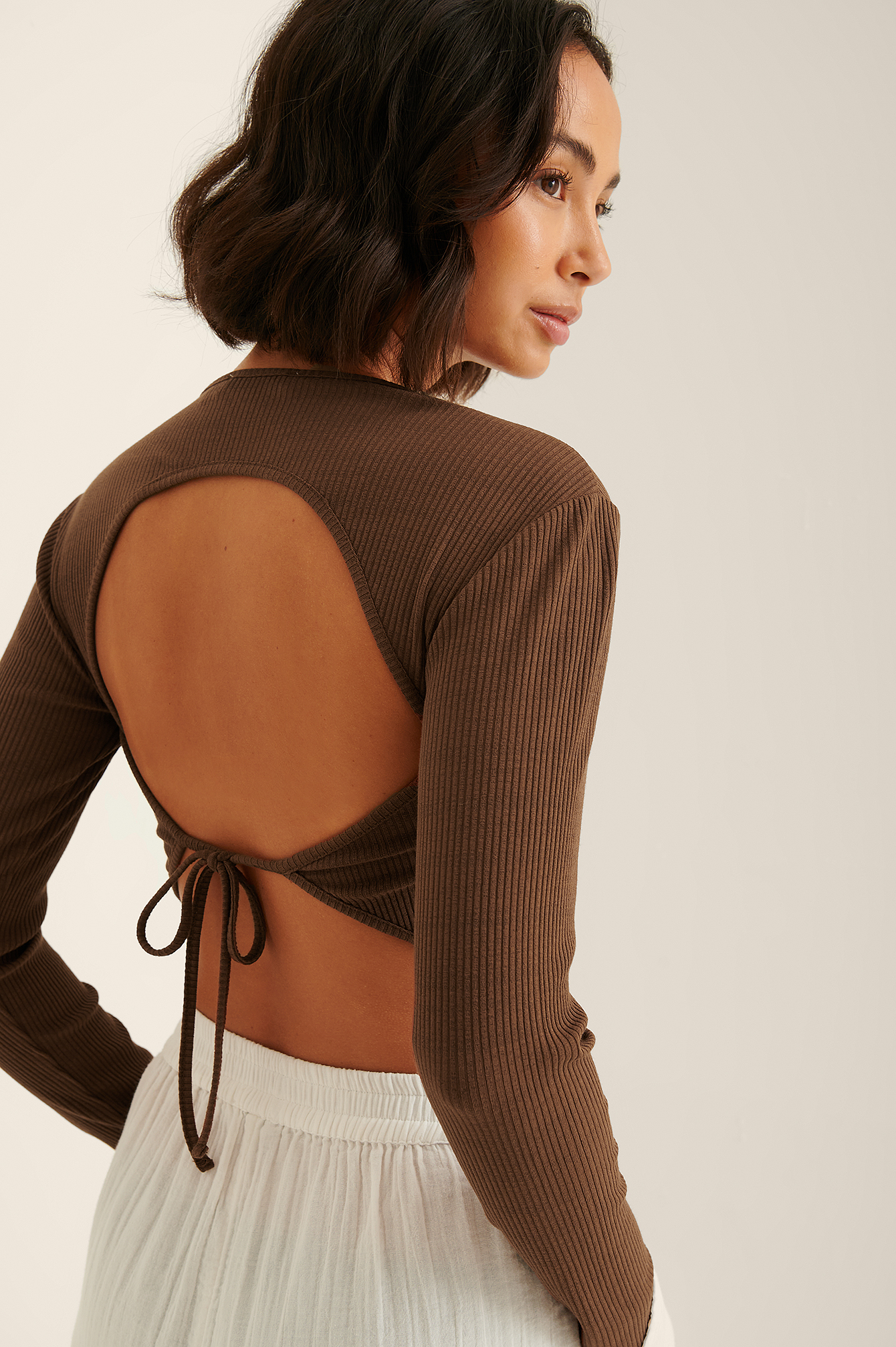 Brown Ribbed Open Back Detail Top