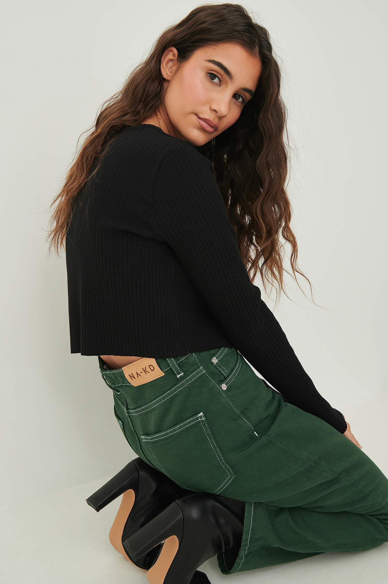 Black Organic Ribbed Oversized Long Sleeved Crop Top