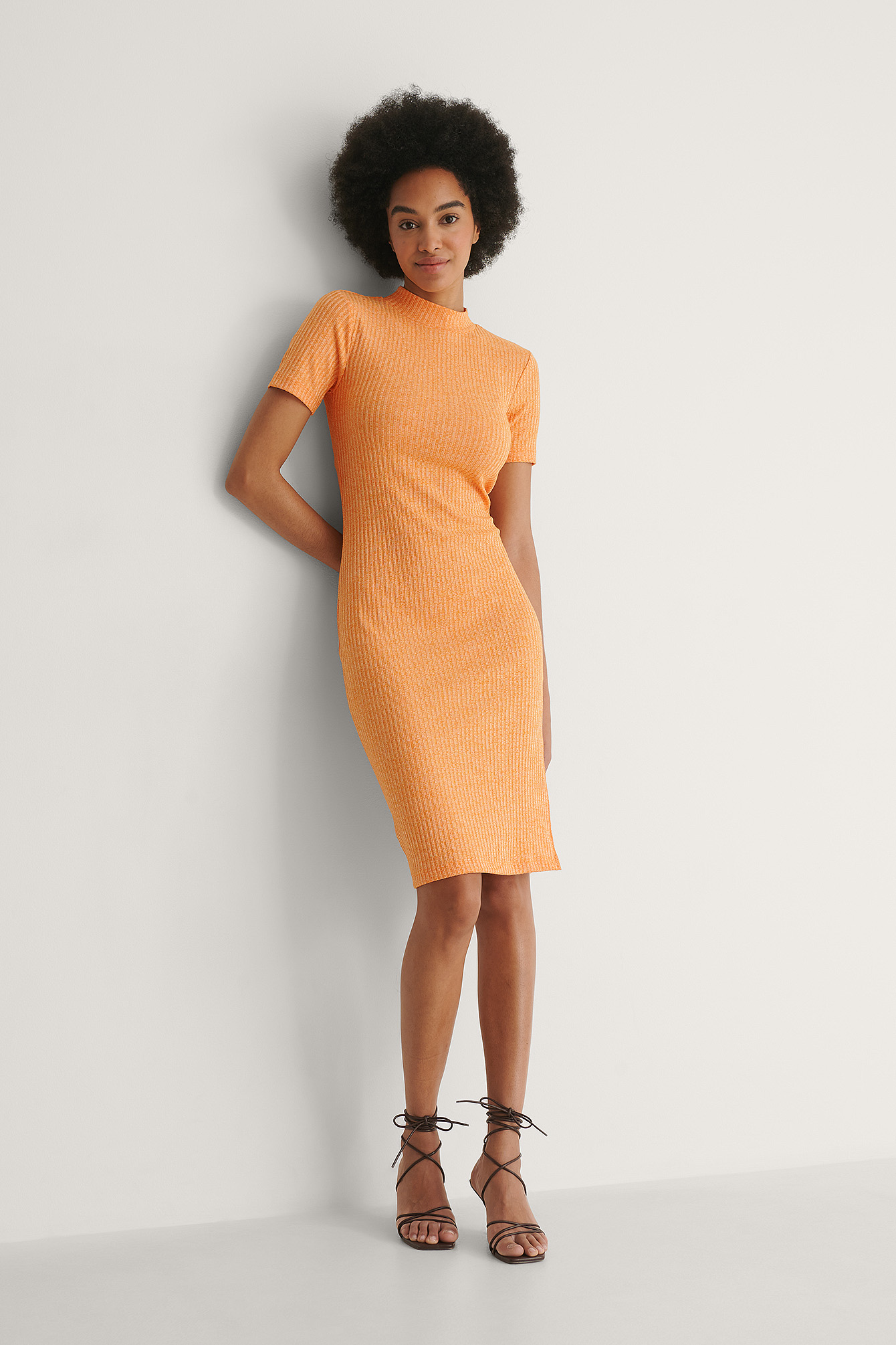 Orange Melange Ribbed Slit Detail Dress