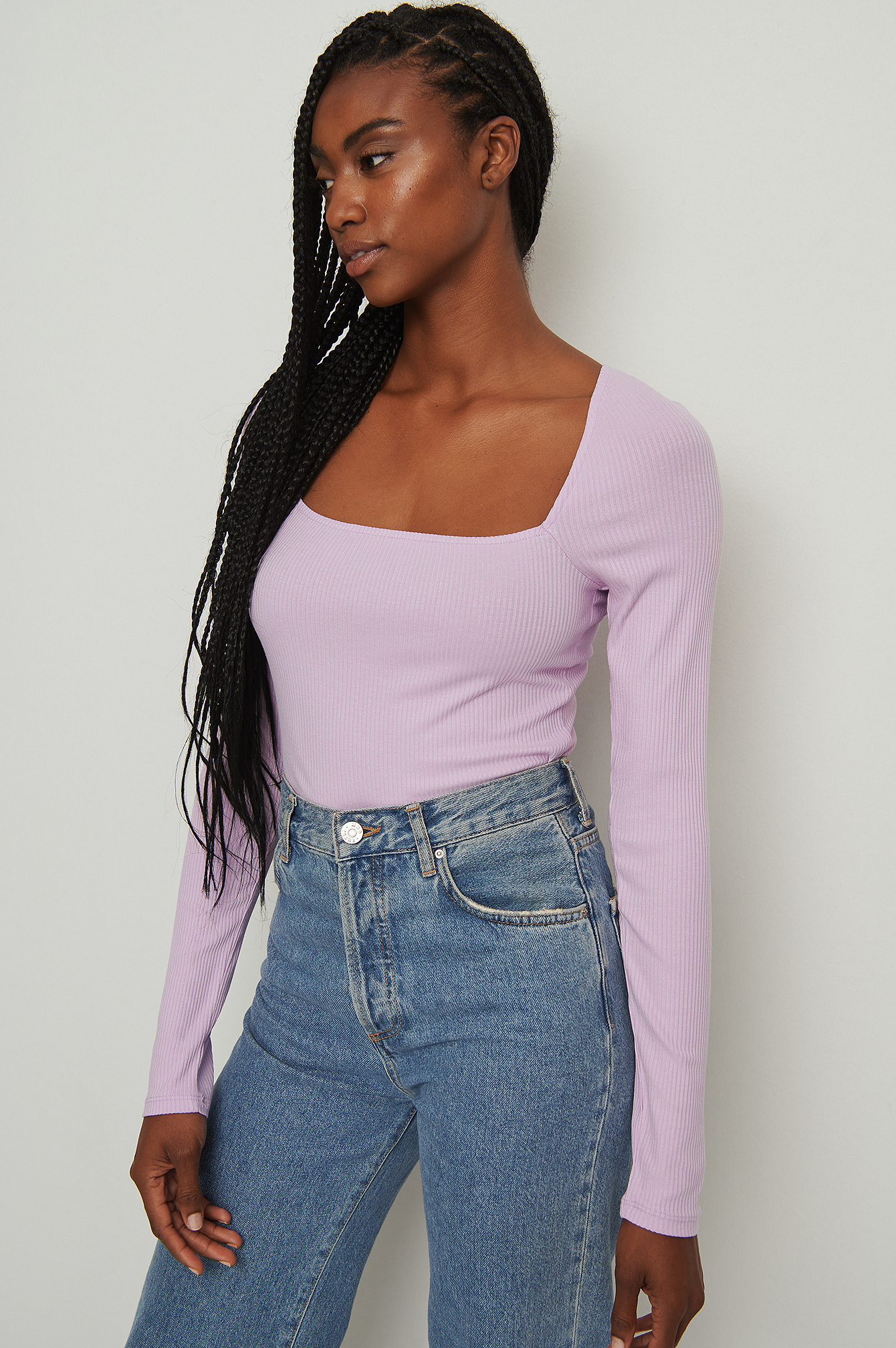 Lilac Ribbed Square Neck Detail Top