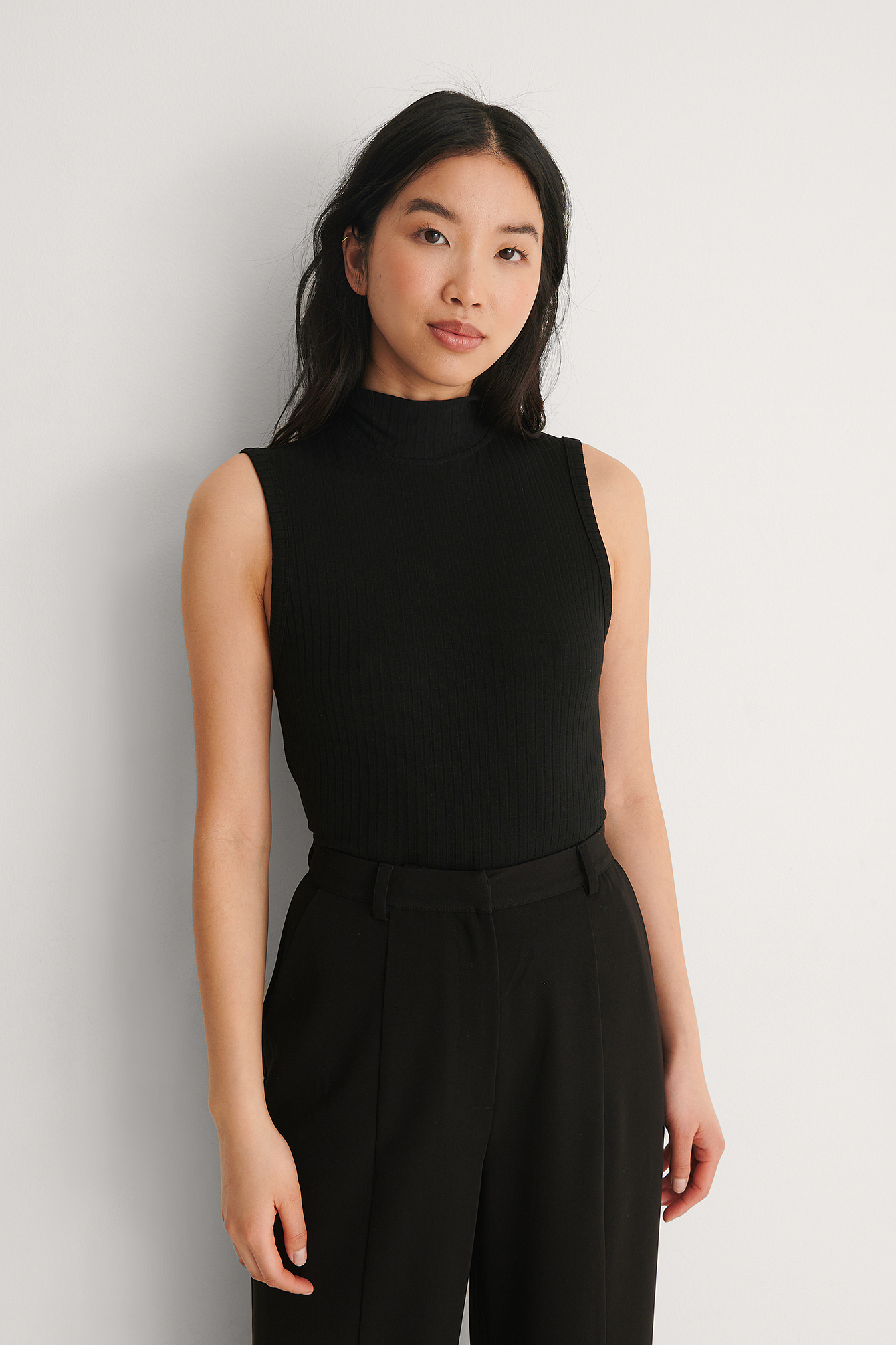 Black Recycled Ribbed Tie Neck Detail Top