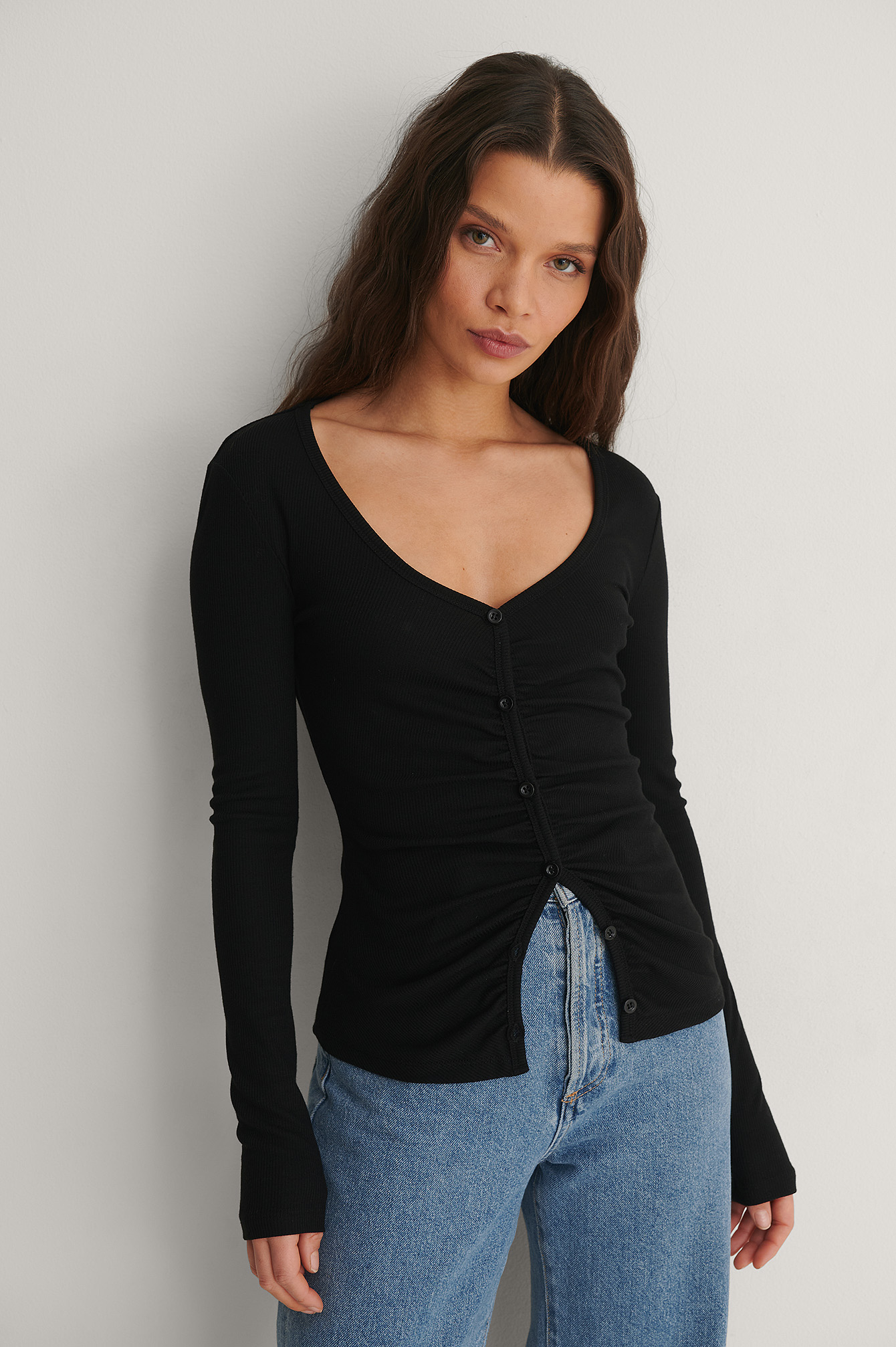 Black Rouched Ribbed Button Top