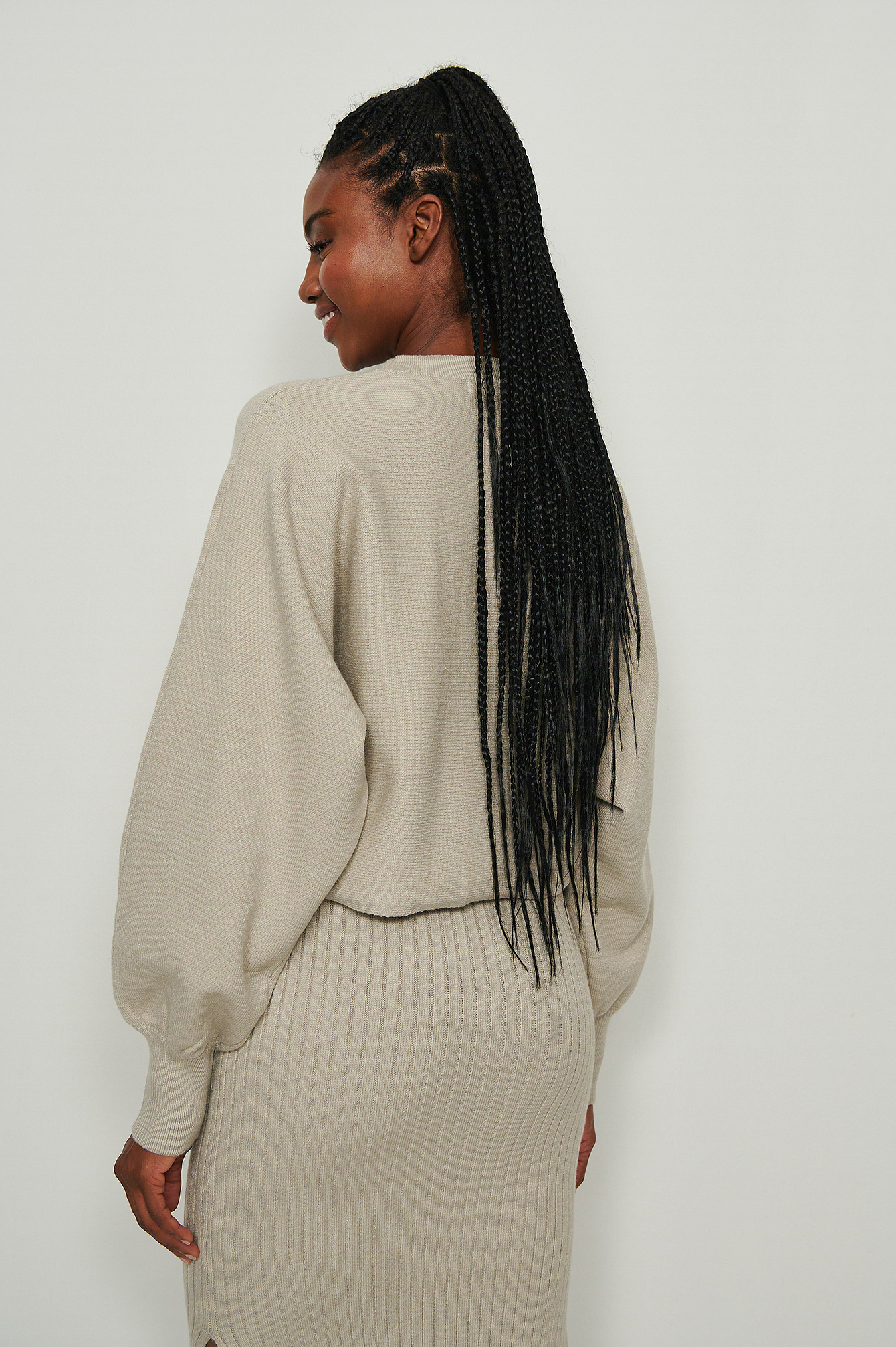 Beige Round Neck Cropped Knitted Sweater