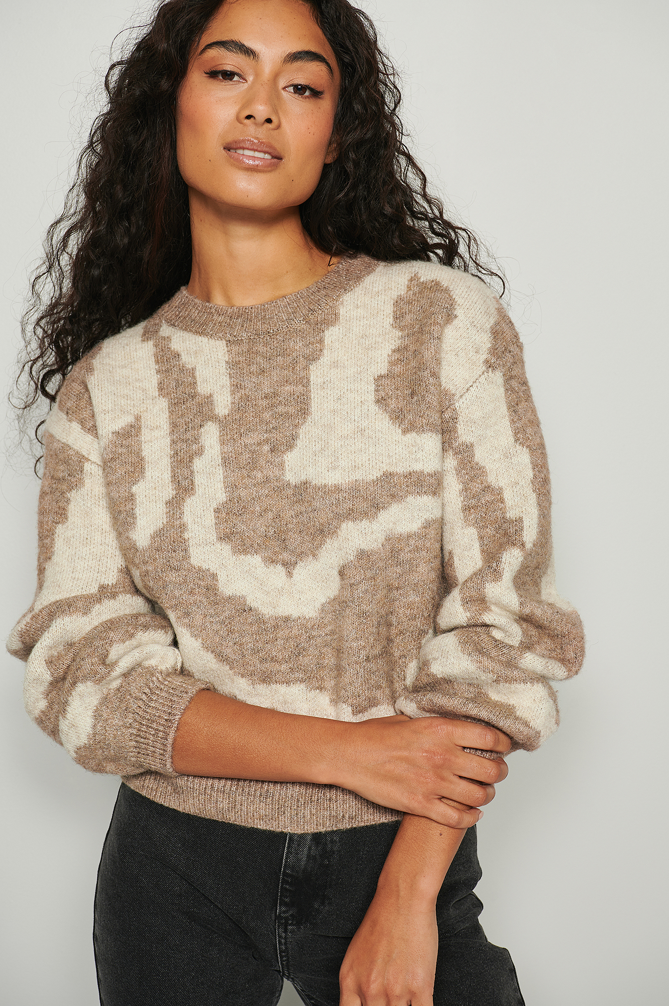 Beige/Cream Round Neck Knitted Zebra Sweater