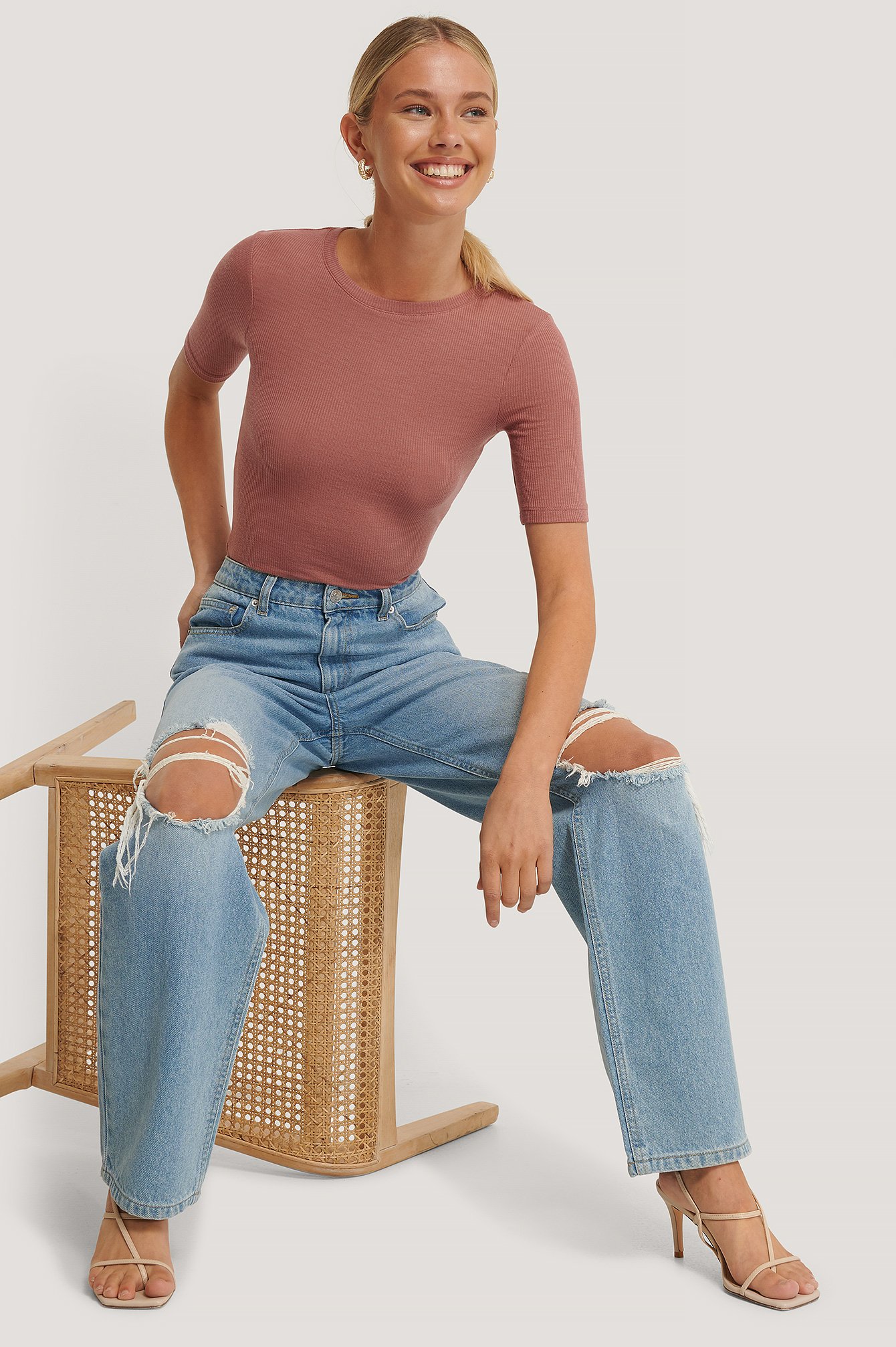 Dusty Rose Round Neck Ribbed Top