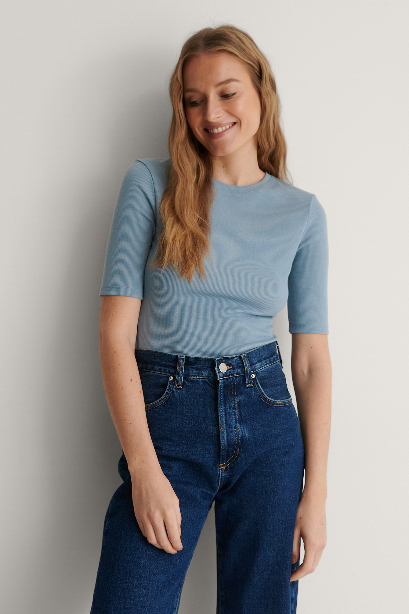 Faded Denim Round Neck Ribbed Top