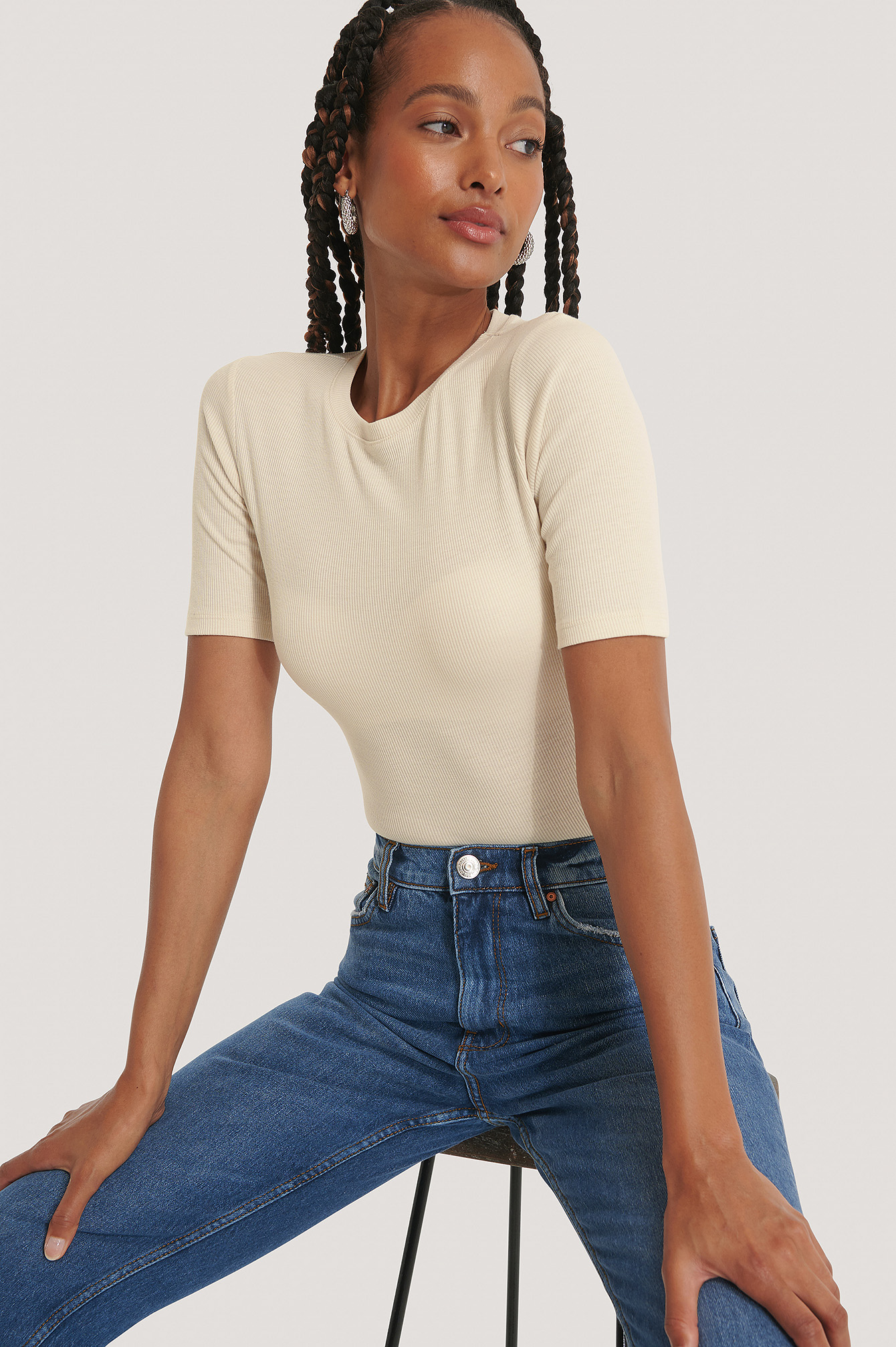 Dusty Light Beige Round Neck Ribbed Top