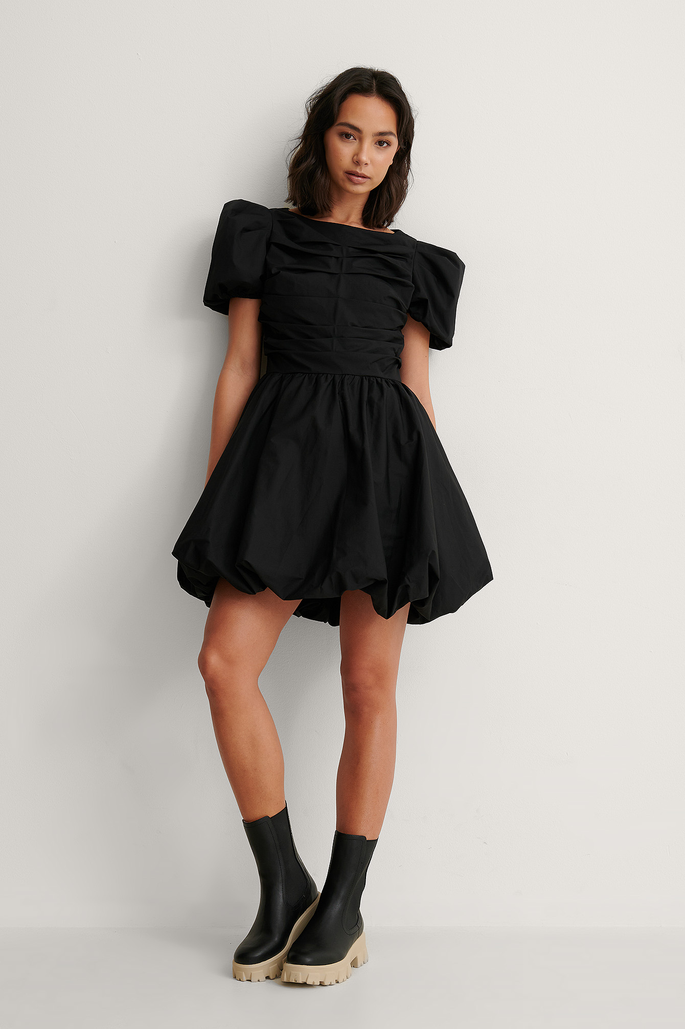 Black Ruched Puff Sleeve Mini Dress