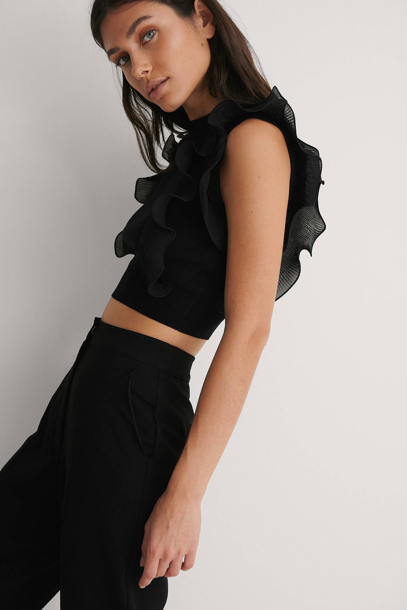 Black Ruffle Detail Knitted Top