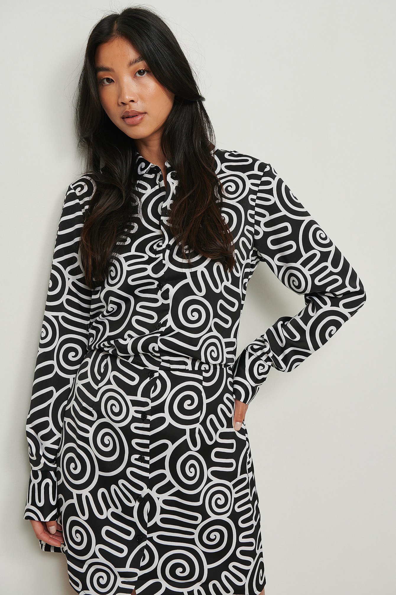 Black/White Print Satin Shirt Dress