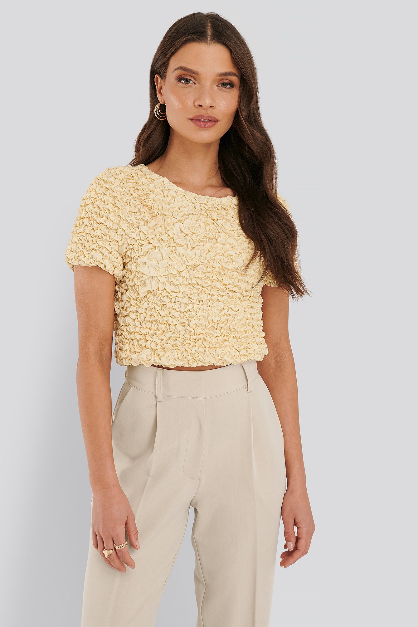 Light Yellow Shirred Cropped Top