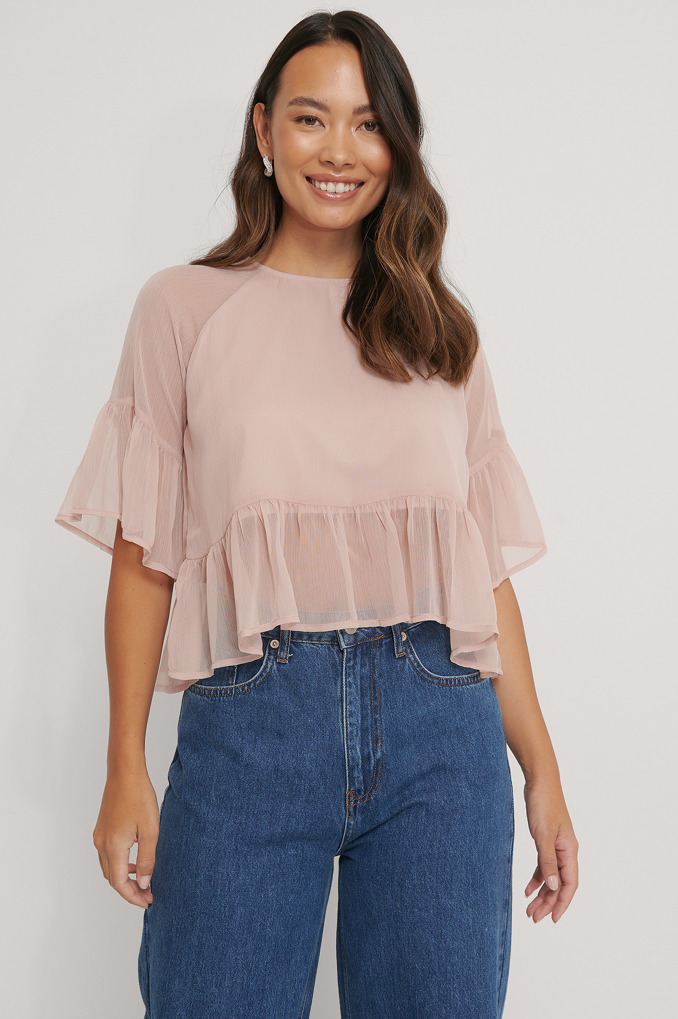 Dusty Pink Shirred Embroidery Short Sleeve Blouse