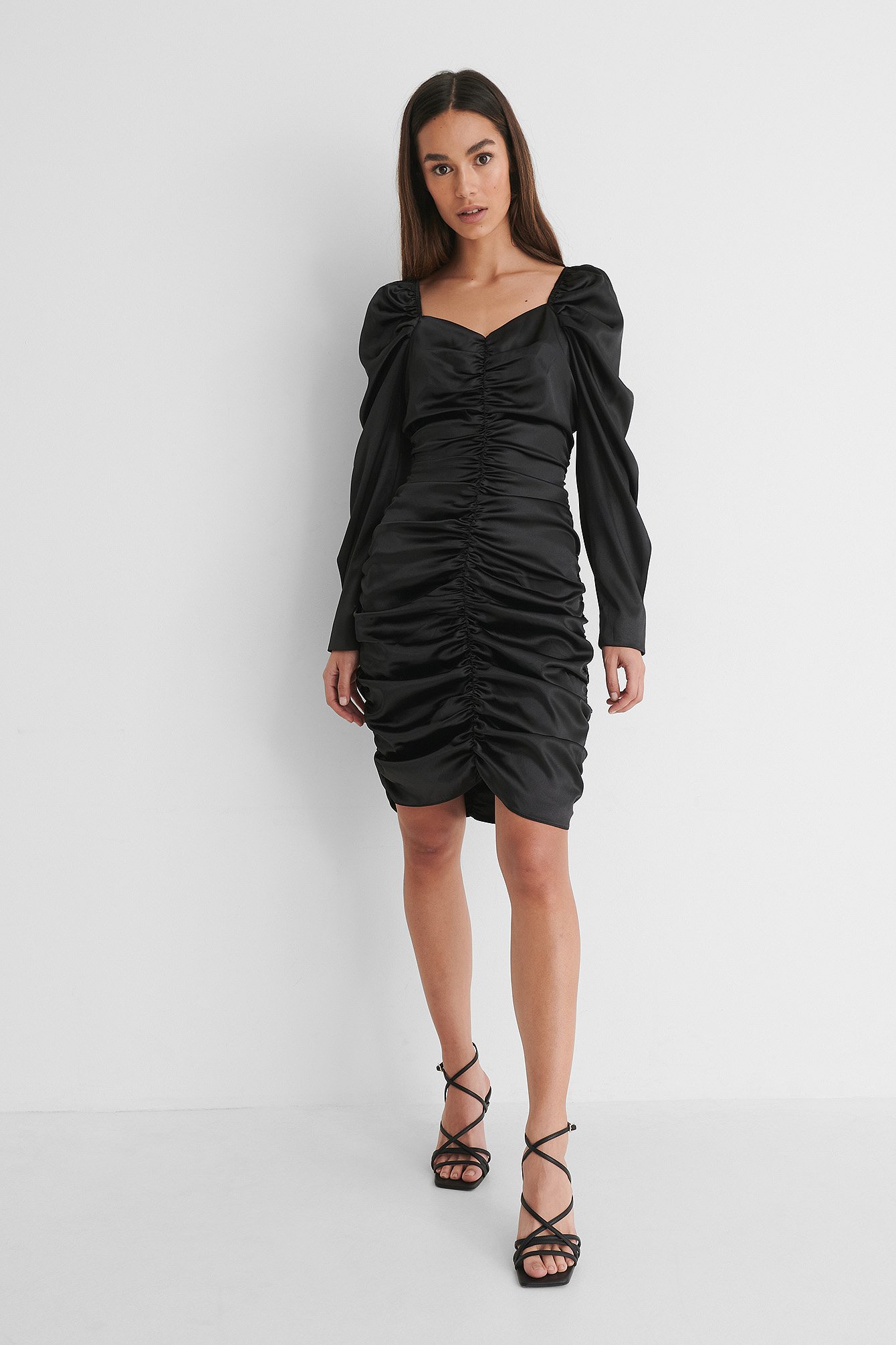 Black Short Puff Sleeve Gathered Mini Dress