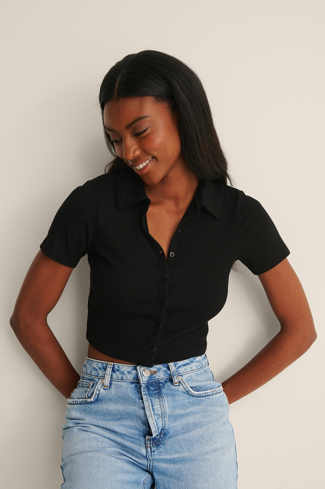Black Recycled Short Sleeve Collar Detail Top