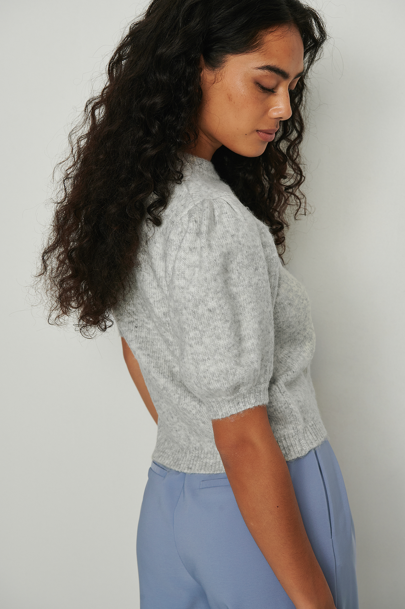 Grey Melange Short Sleeve Knitted Puff Sweater