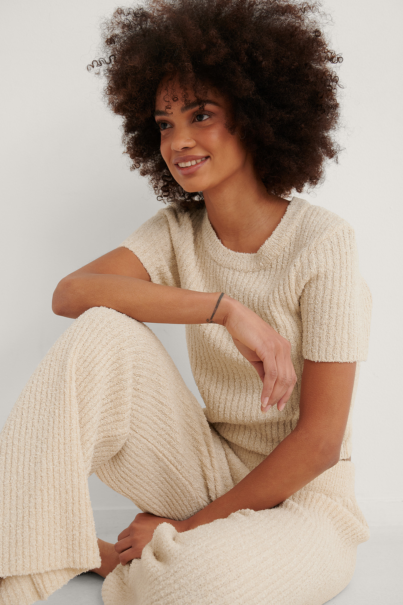 Light Beige Short Sleeve Knitted Sweater