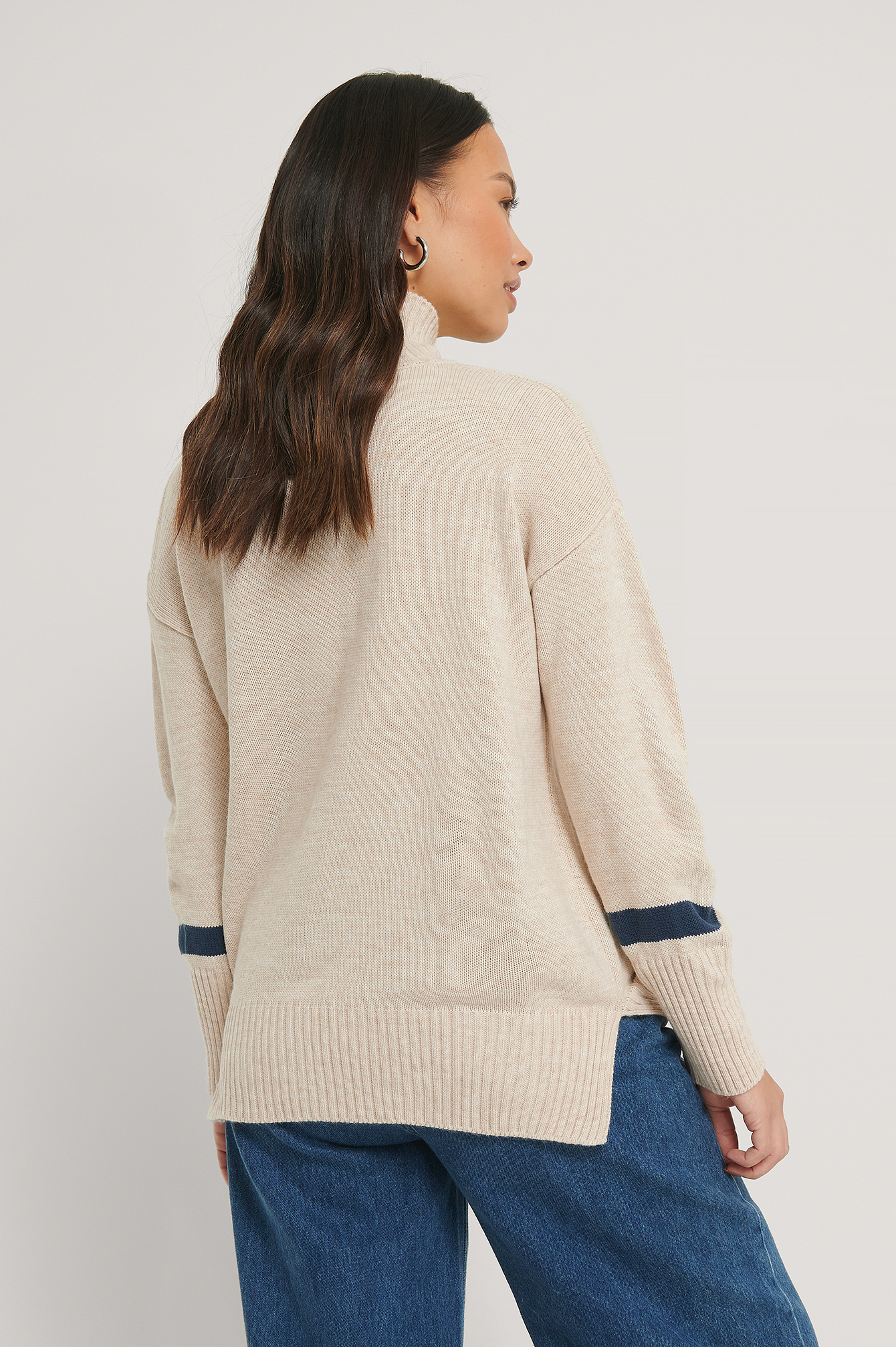 Light Beige/Navy Sleeve Detail High Neck Sweater