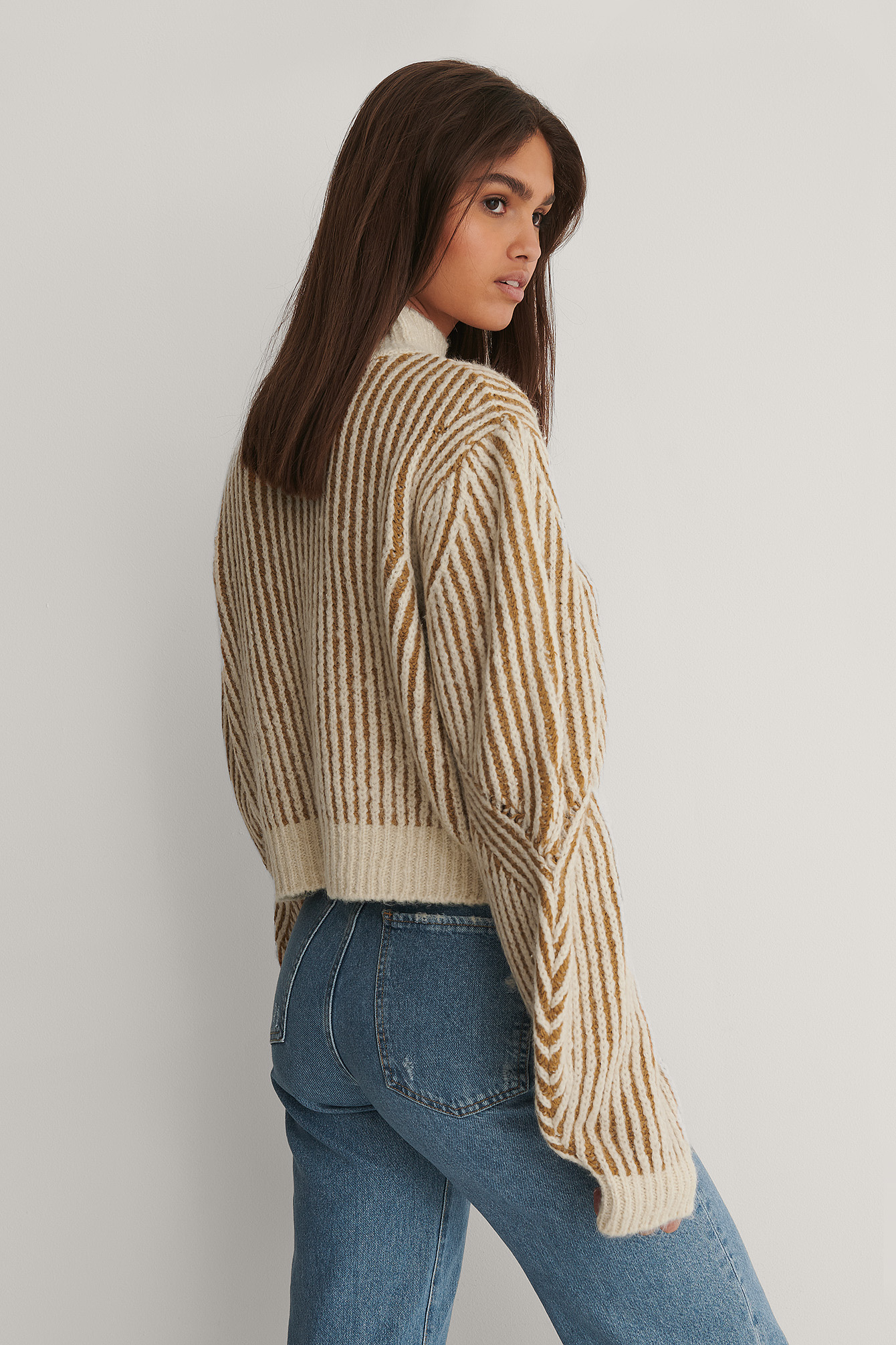 Beige/White Sleeve Detail Striped Knitted Sweater