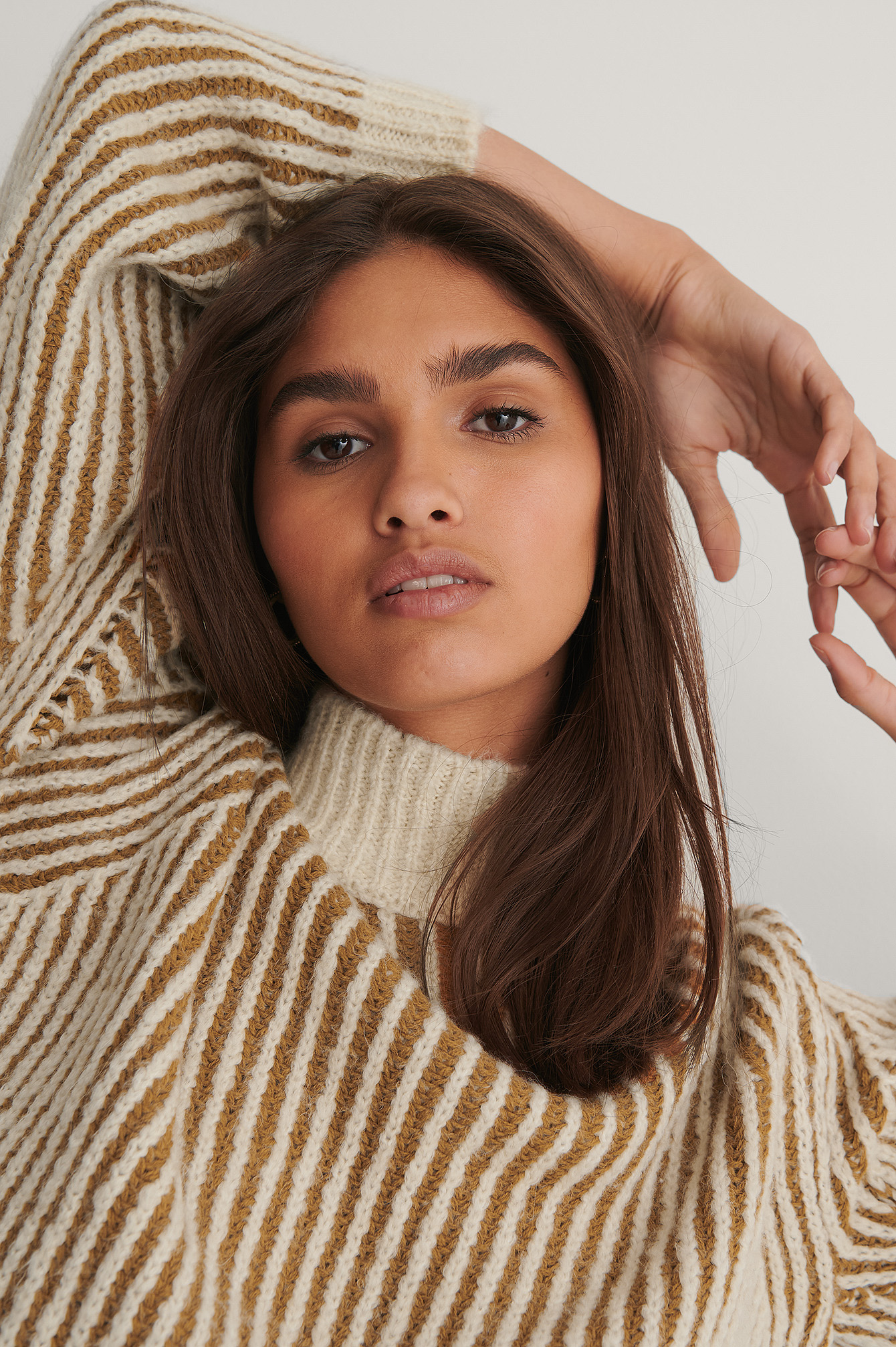 Beige/White Sleeve Detail Striped Knitted Sweater