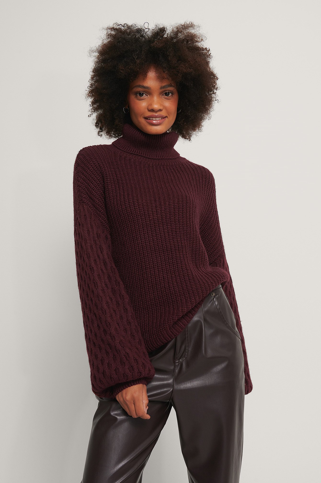 Plum Sleeve Detailed Knitted Polo Sweater