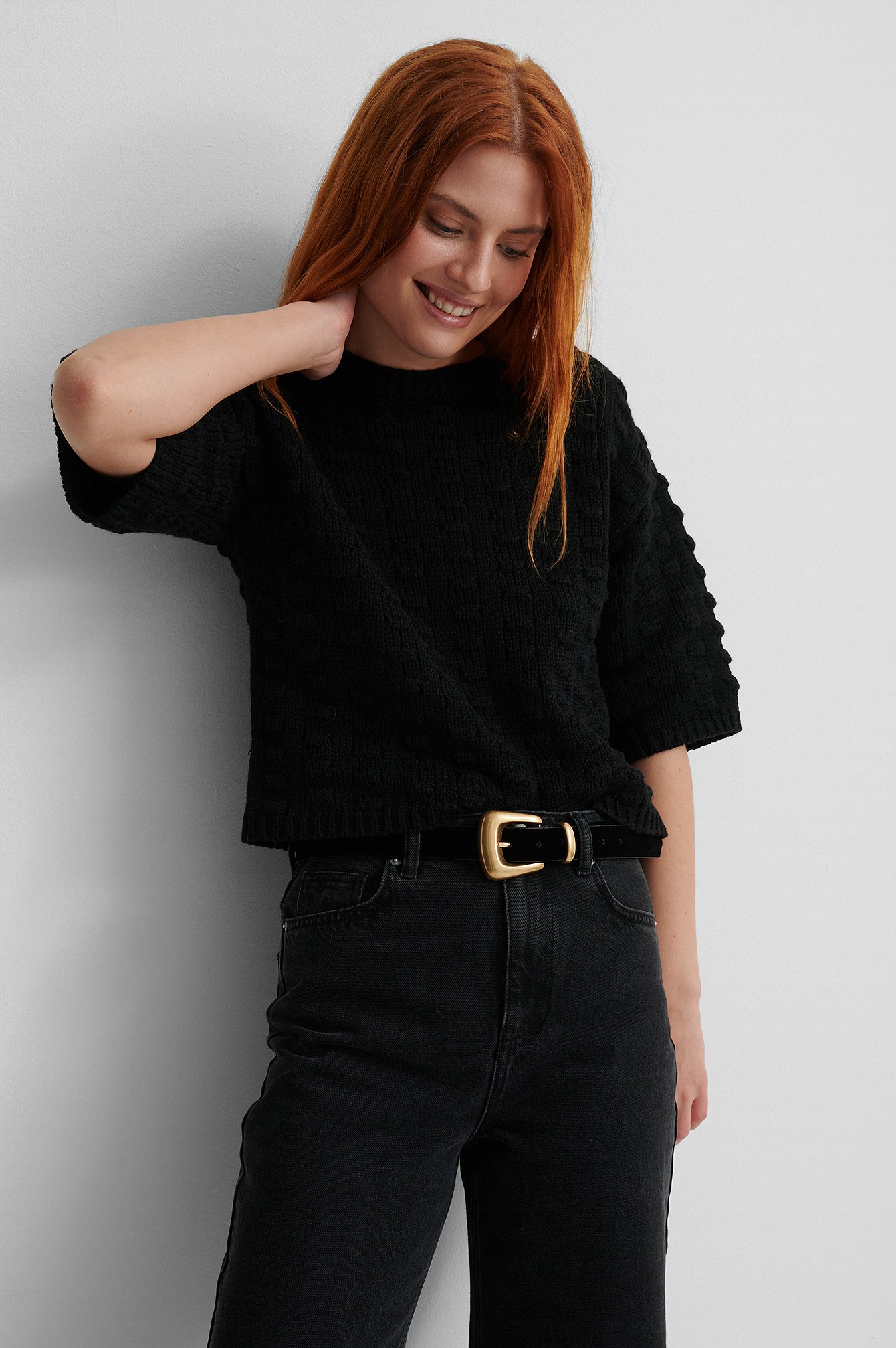 Black Short Sleeve Structure Knit Sweater