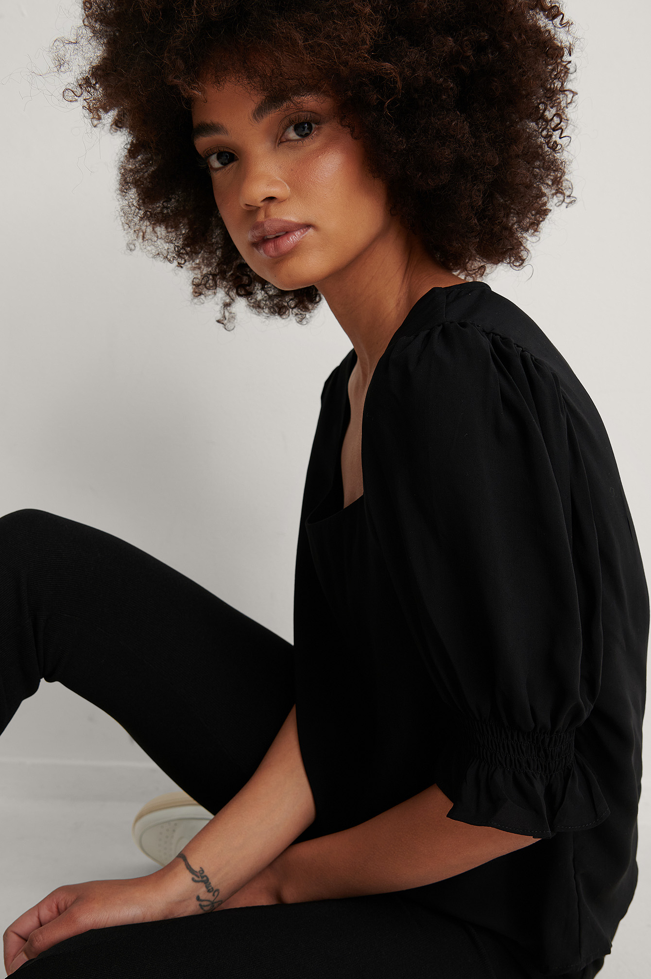 Black Smock Puff Sleeve Square Neck Top