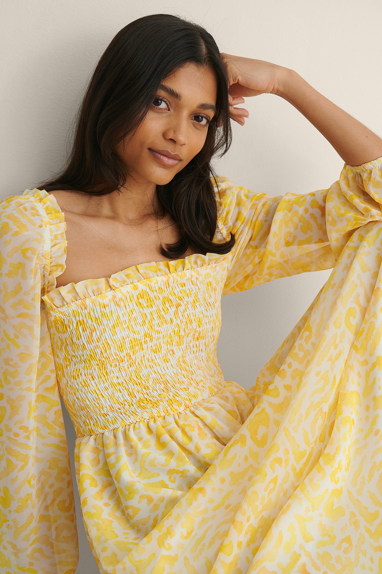 Yellow Print Recycled Smocked Balloon Sleeve Maxi Dress