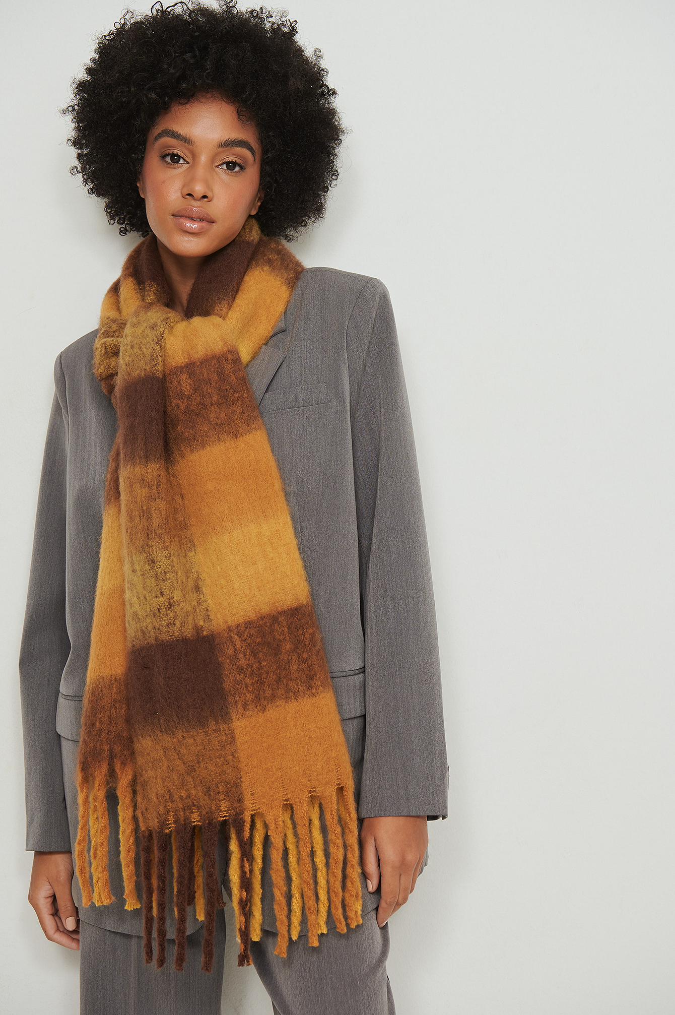 Yellow Check Soft Braided Checked Tassle Scarf