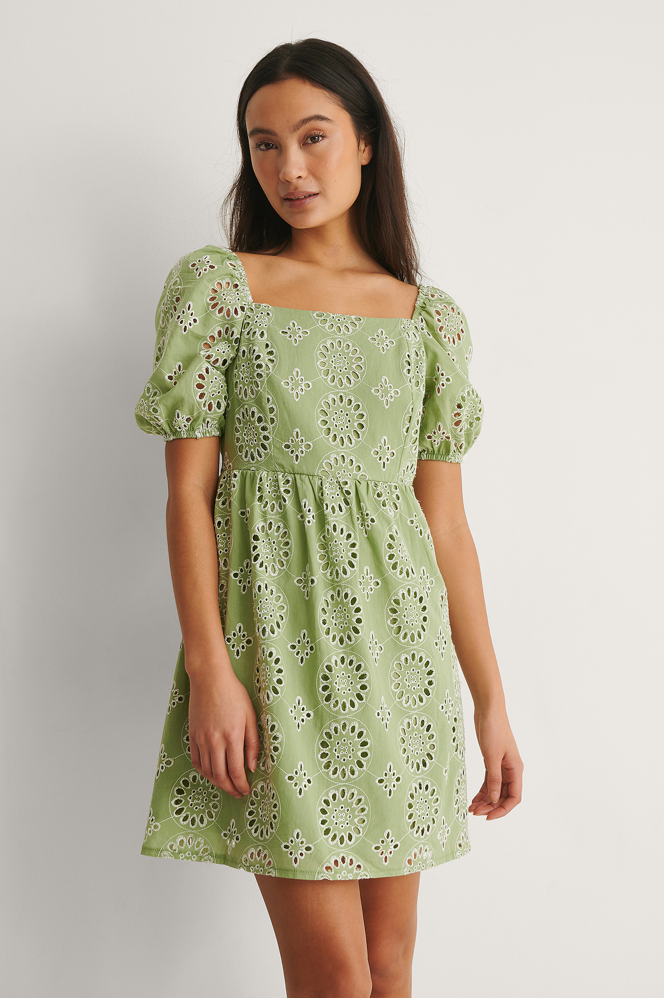 Green Square Neck Embroided Dress