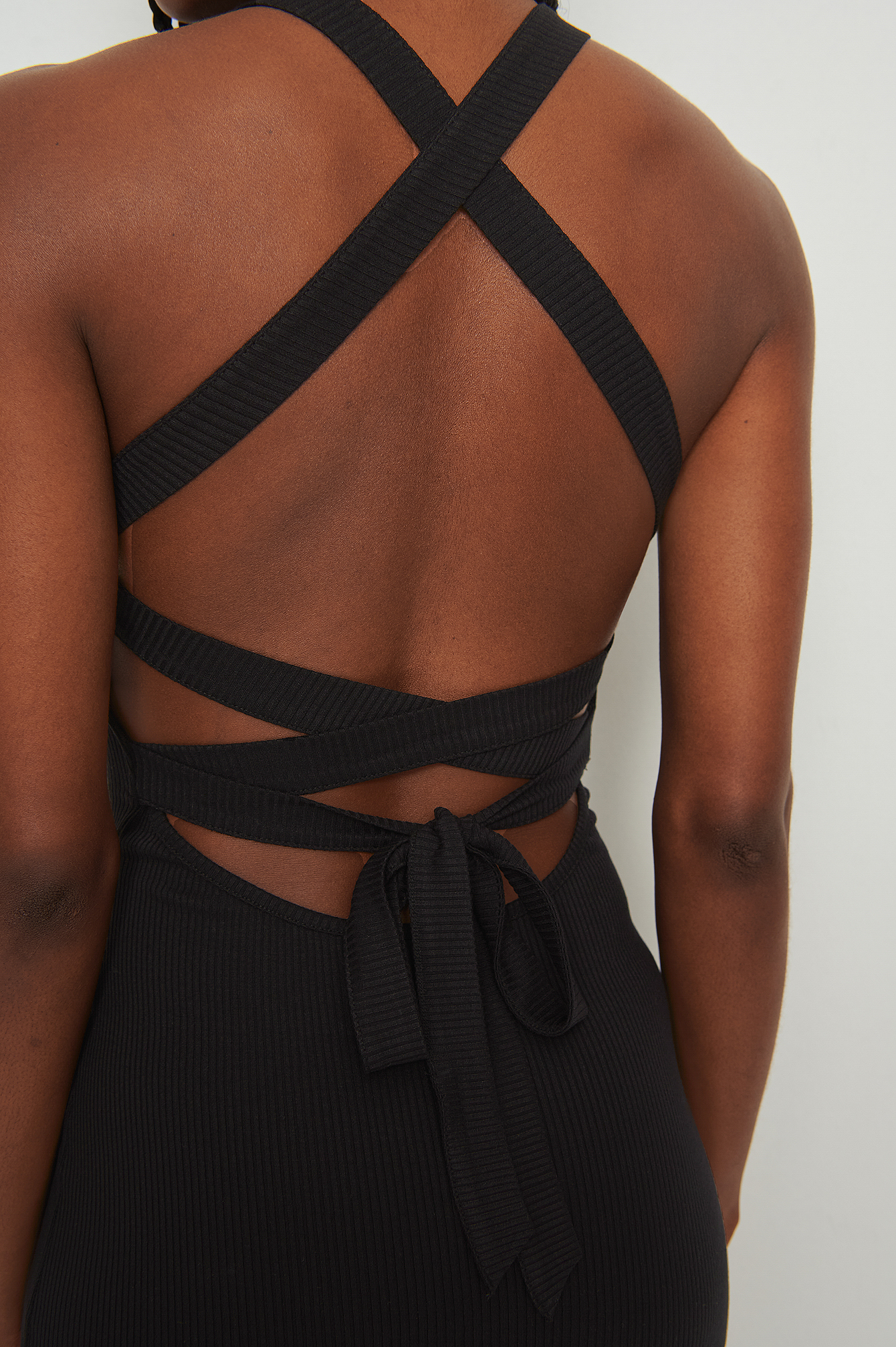 Black Strap Back Detail Rib Dress