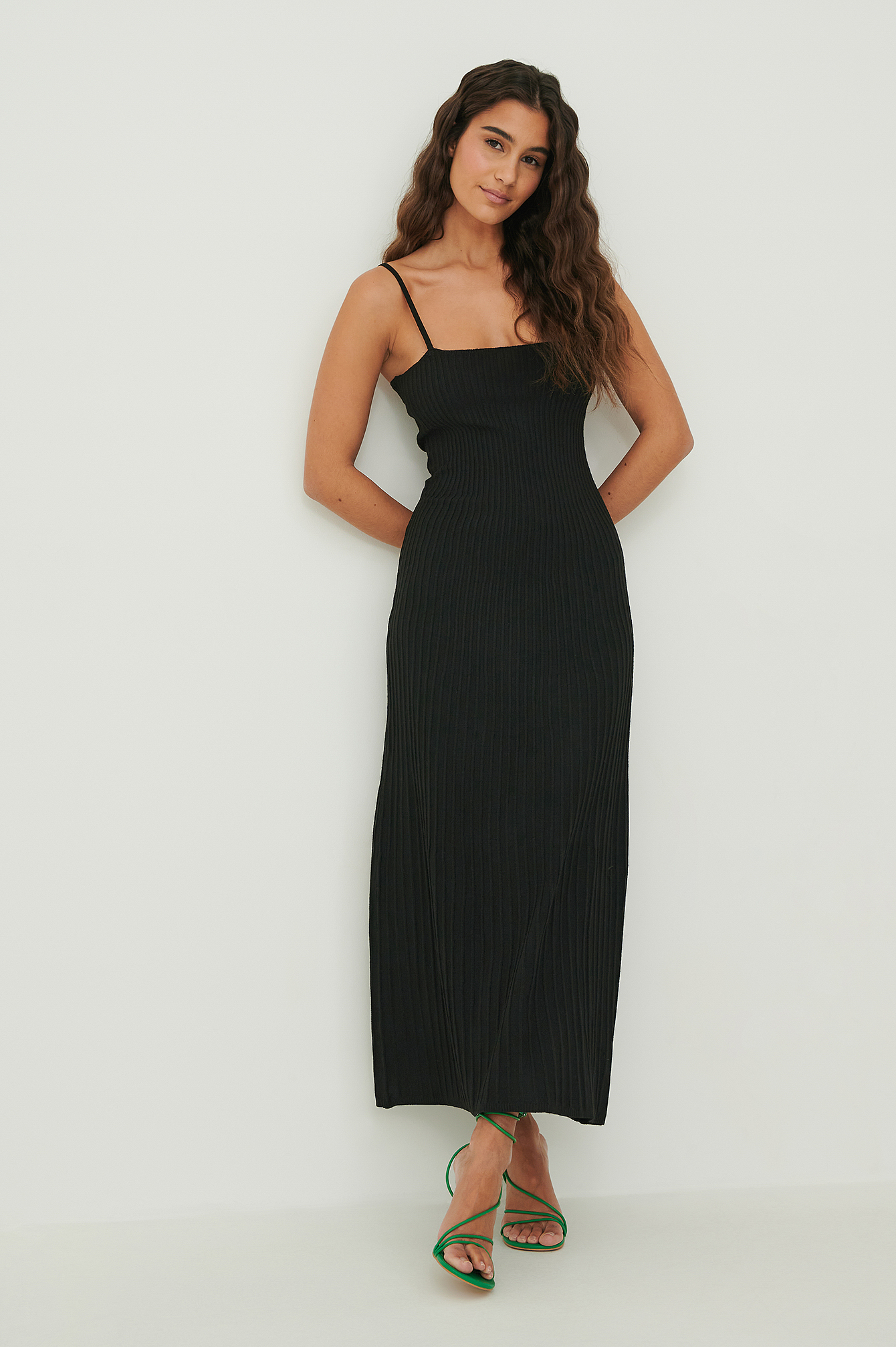 Black Recycled Strap Knitted Ribbed Dress
