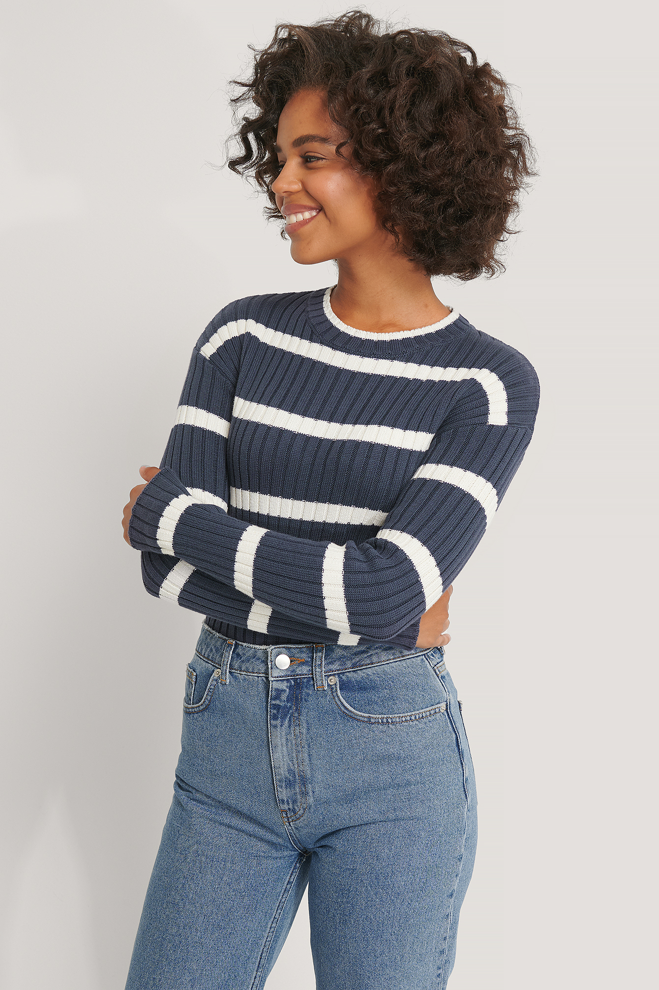 Navy/White Striped Ribbed Knitted Sweater