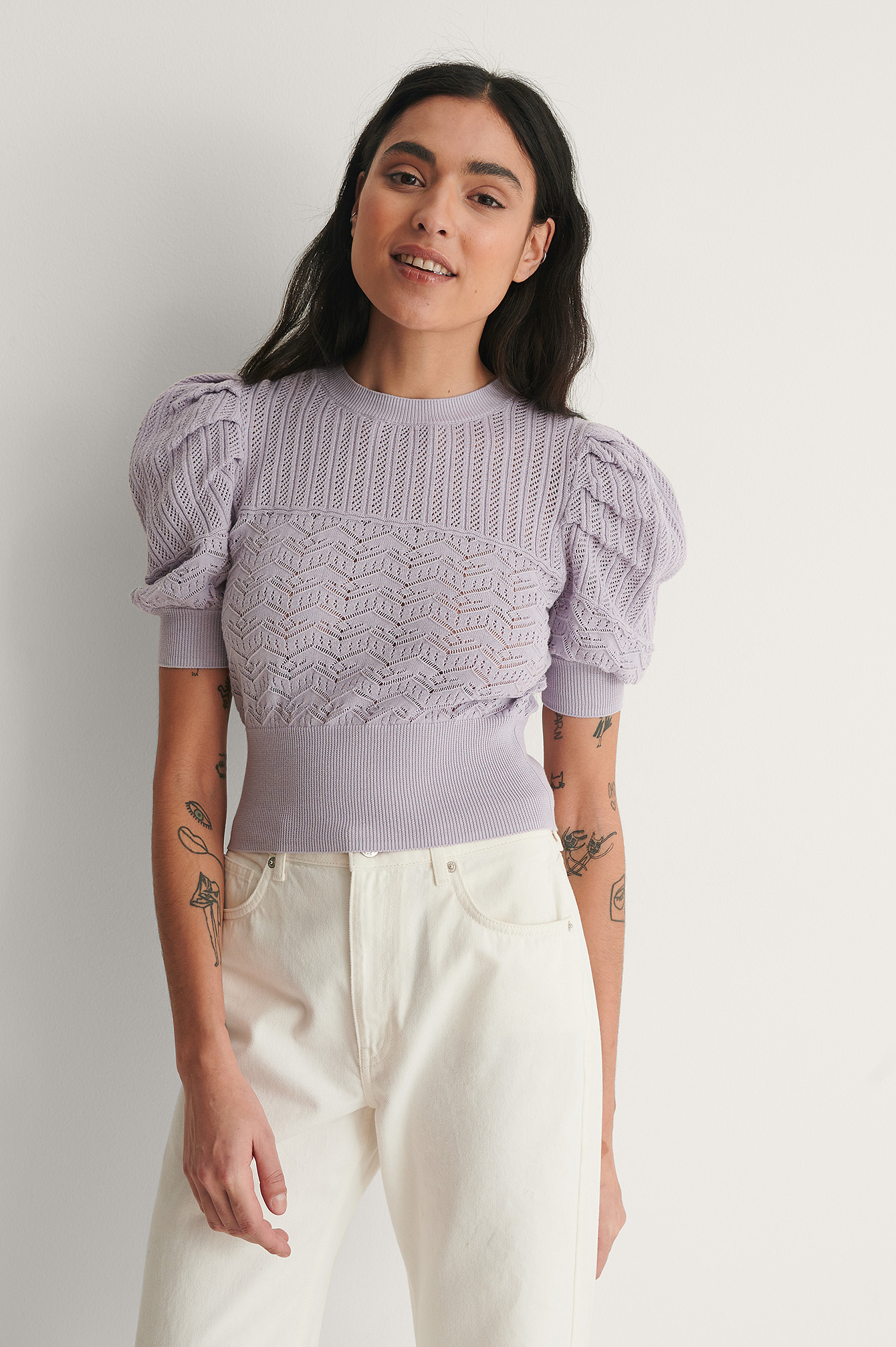 Dusty Lilac Structure Puff Sleeve Knitted Top