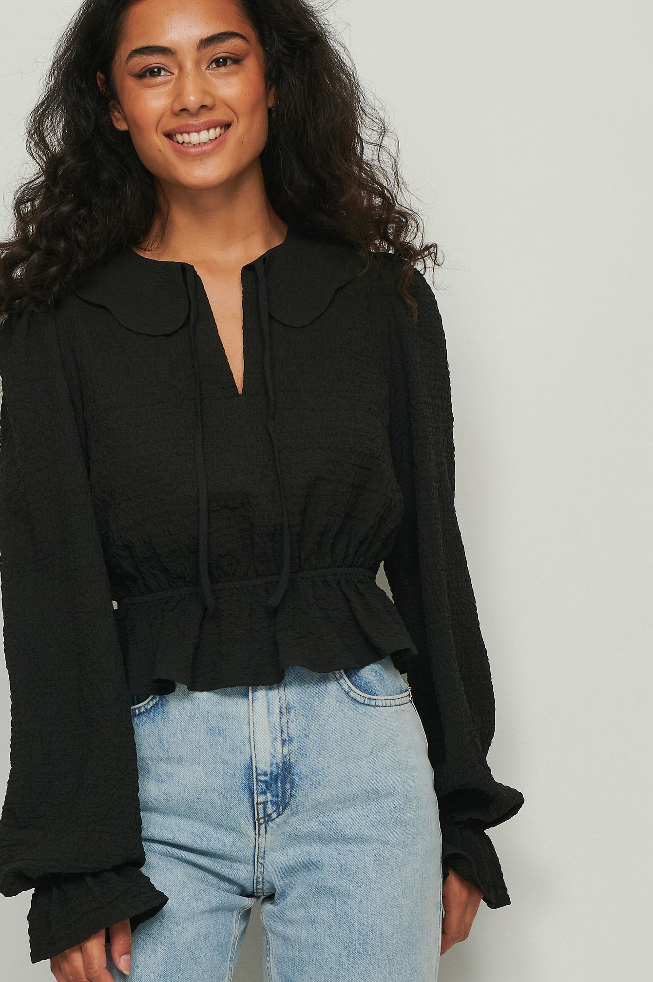 Black Structured Long Sleeve Collar Blouse
