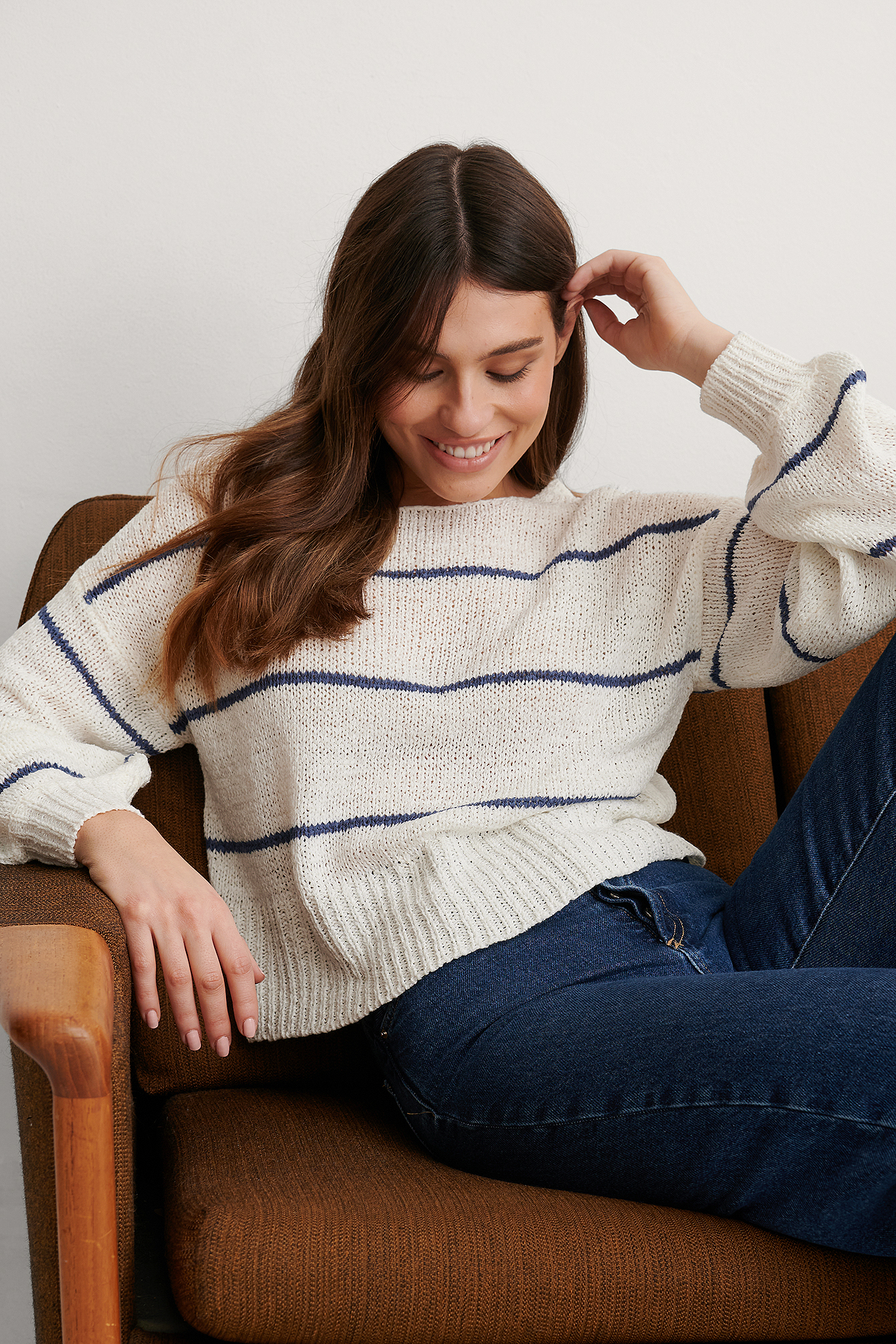 White/Navy Tape Yarn Short Stripe Knitted Sweater