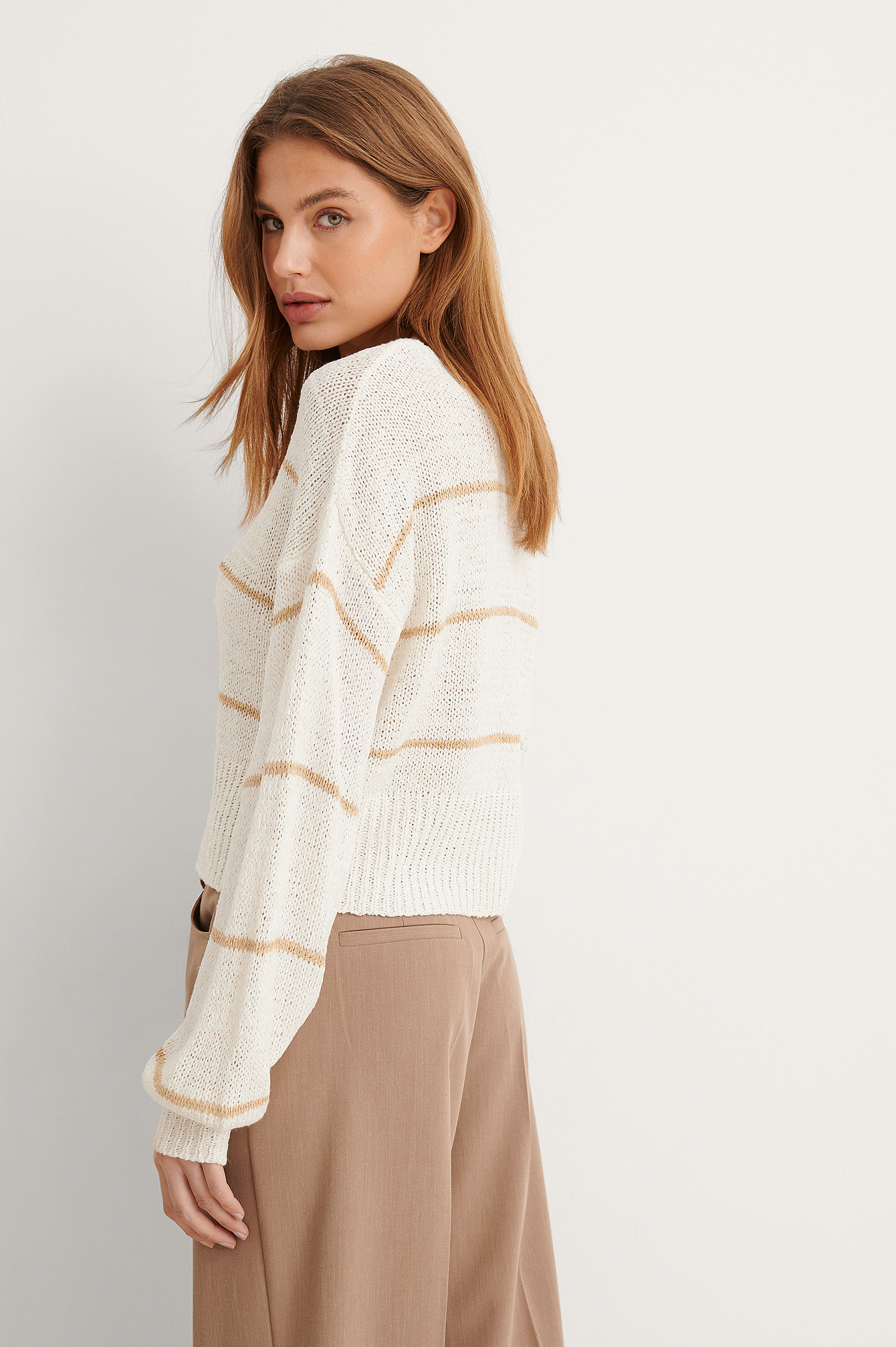 White/Beige Tape Yarn Short Stripe Knitted Sweater