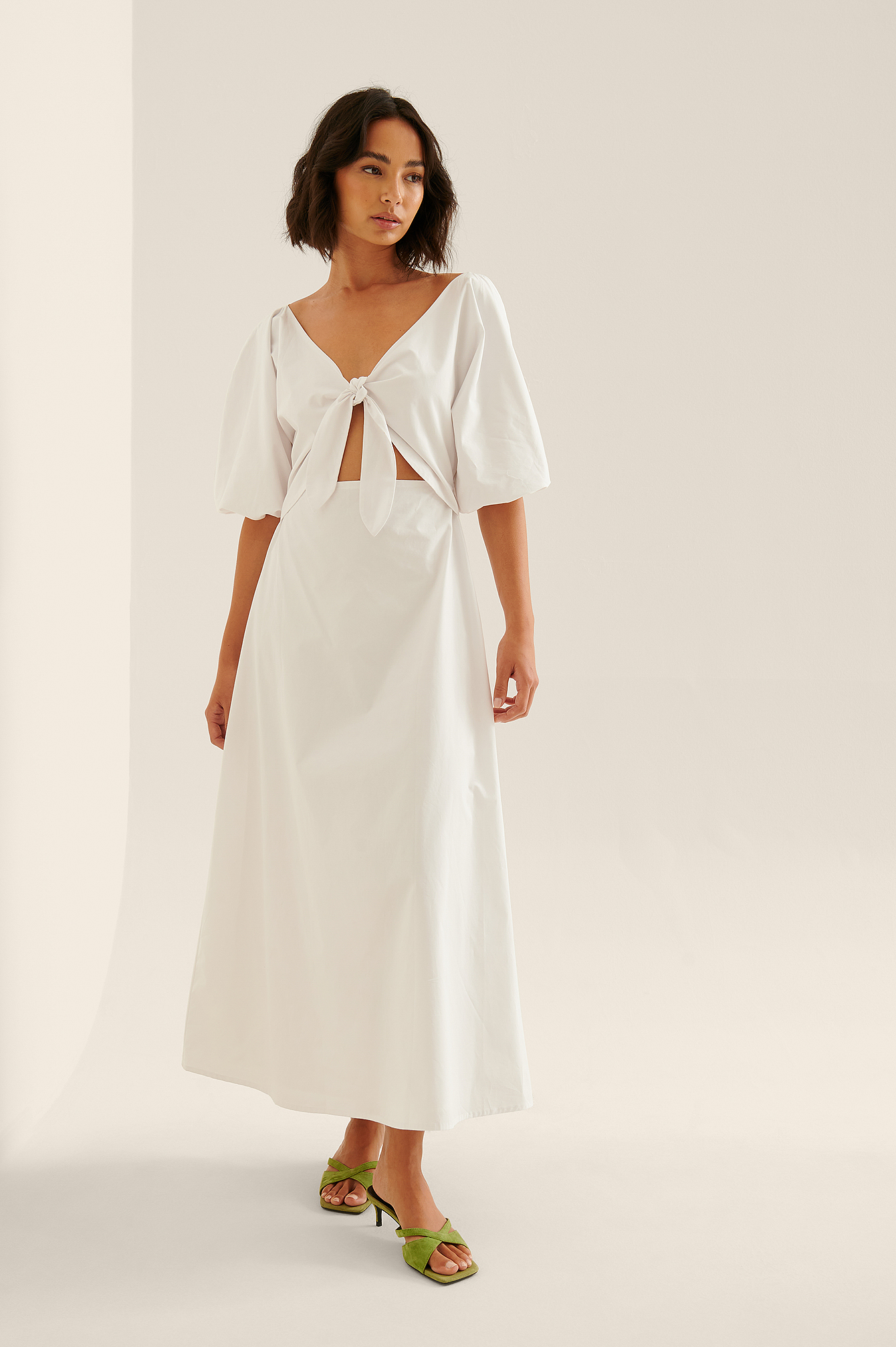 White Organic Tie Front Cotton Maxi Dress
