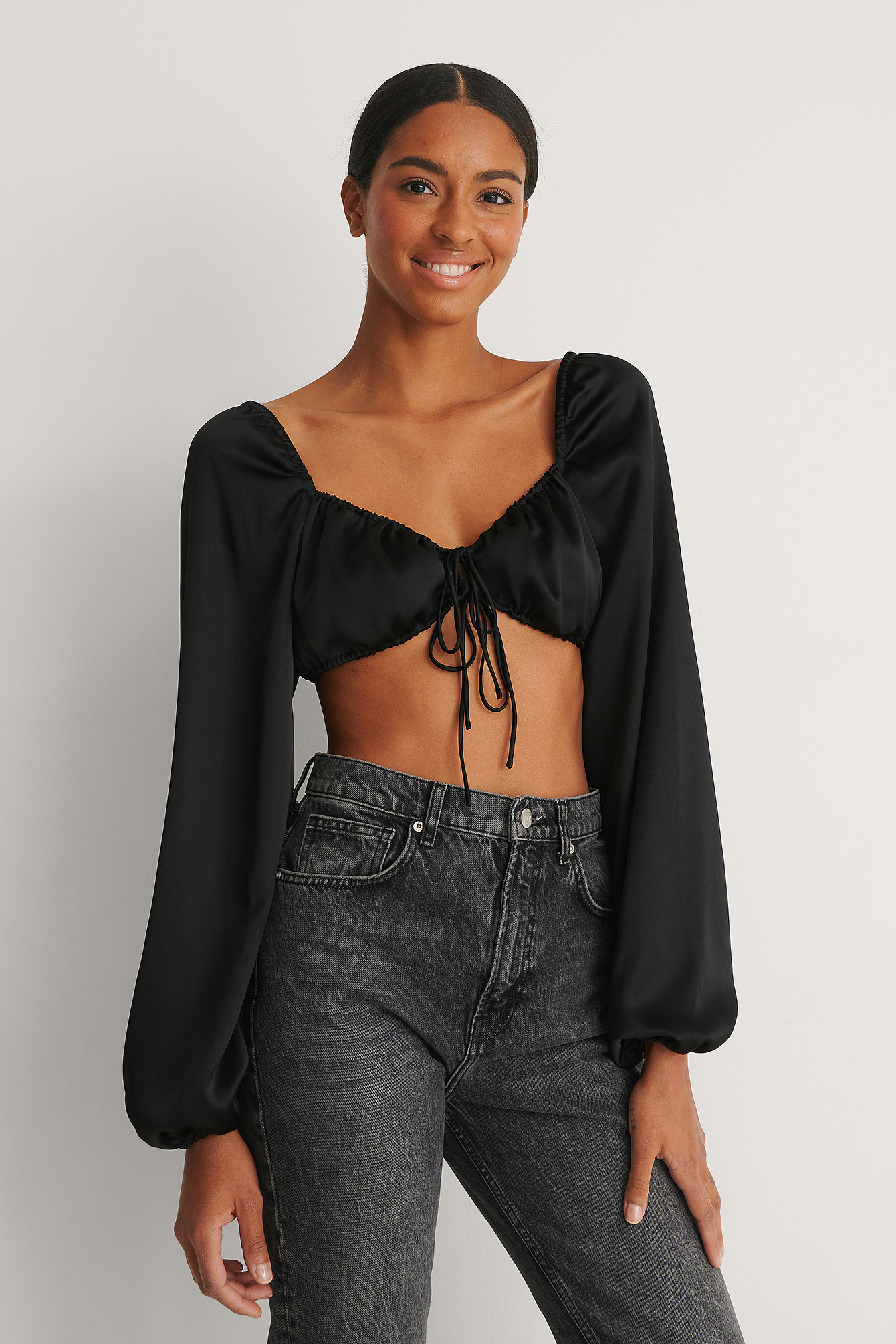 Black Tie Front Cropped Satin Blouse